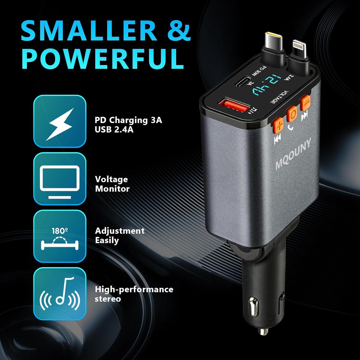 Cargador de coche retráctil 5 en 1 MQOUNY 60W Bluetooth 5.3