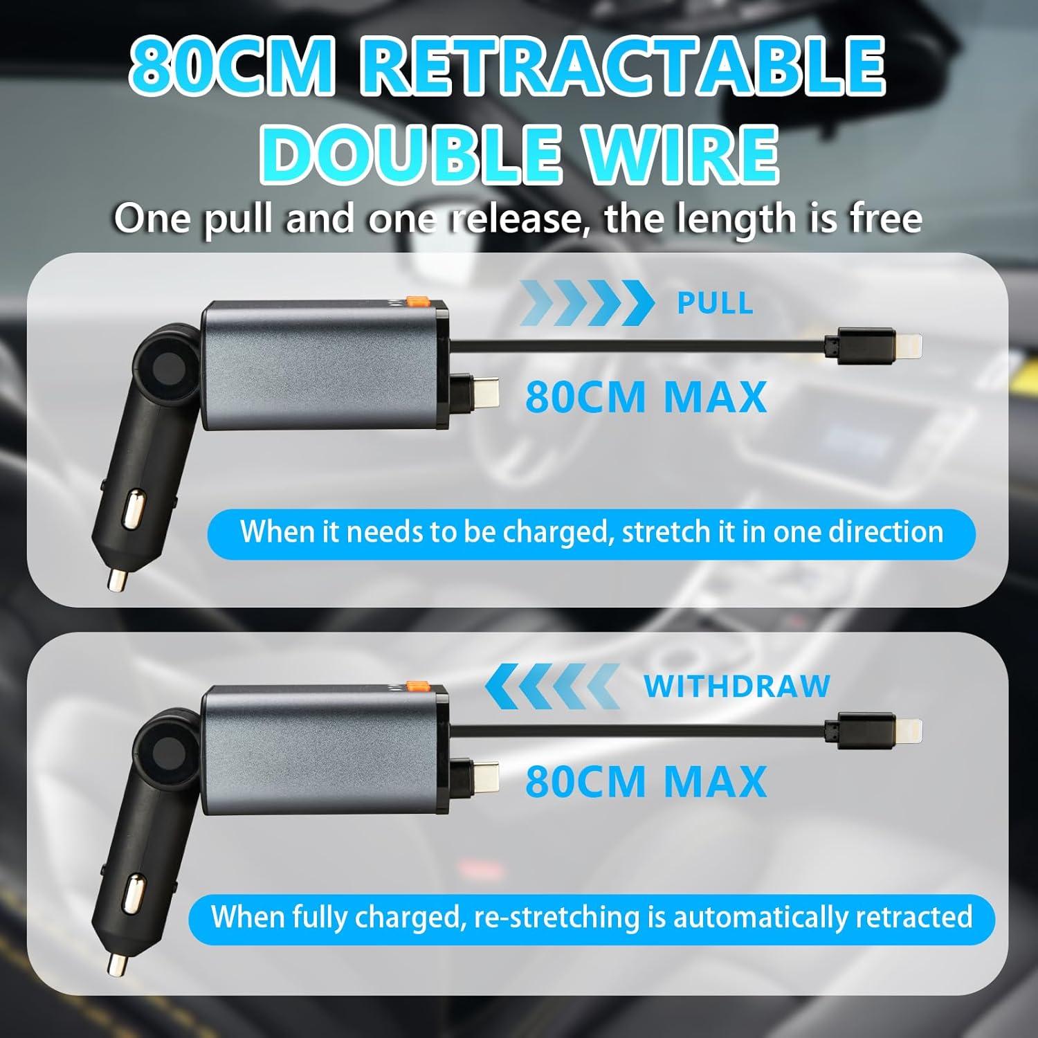 Cargador de coche retráctil 5 en 1 MQOUNY 60W Bluetooth 5.3