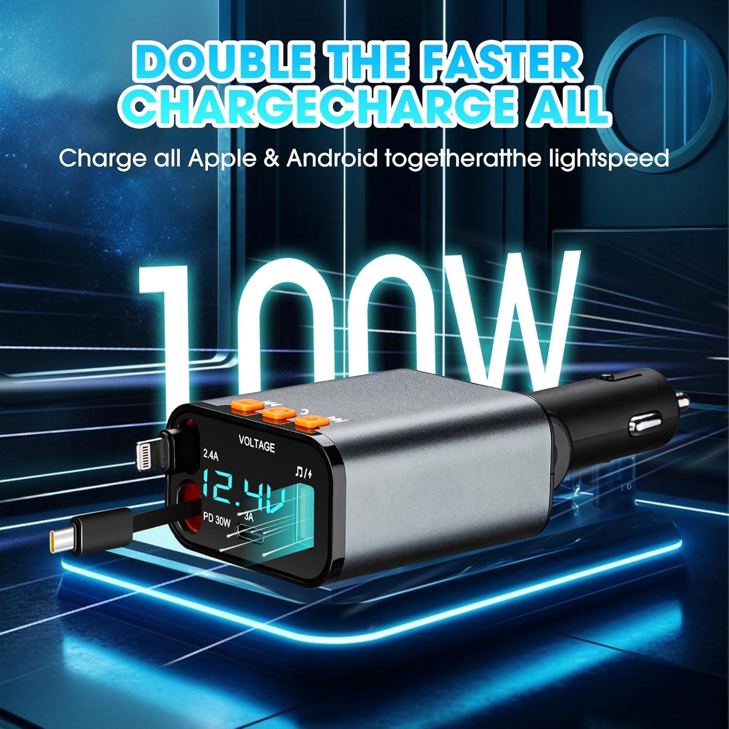 Cargador de coche retráctil 5 en 1 MQOUNY 60W Bluetooth 5.3