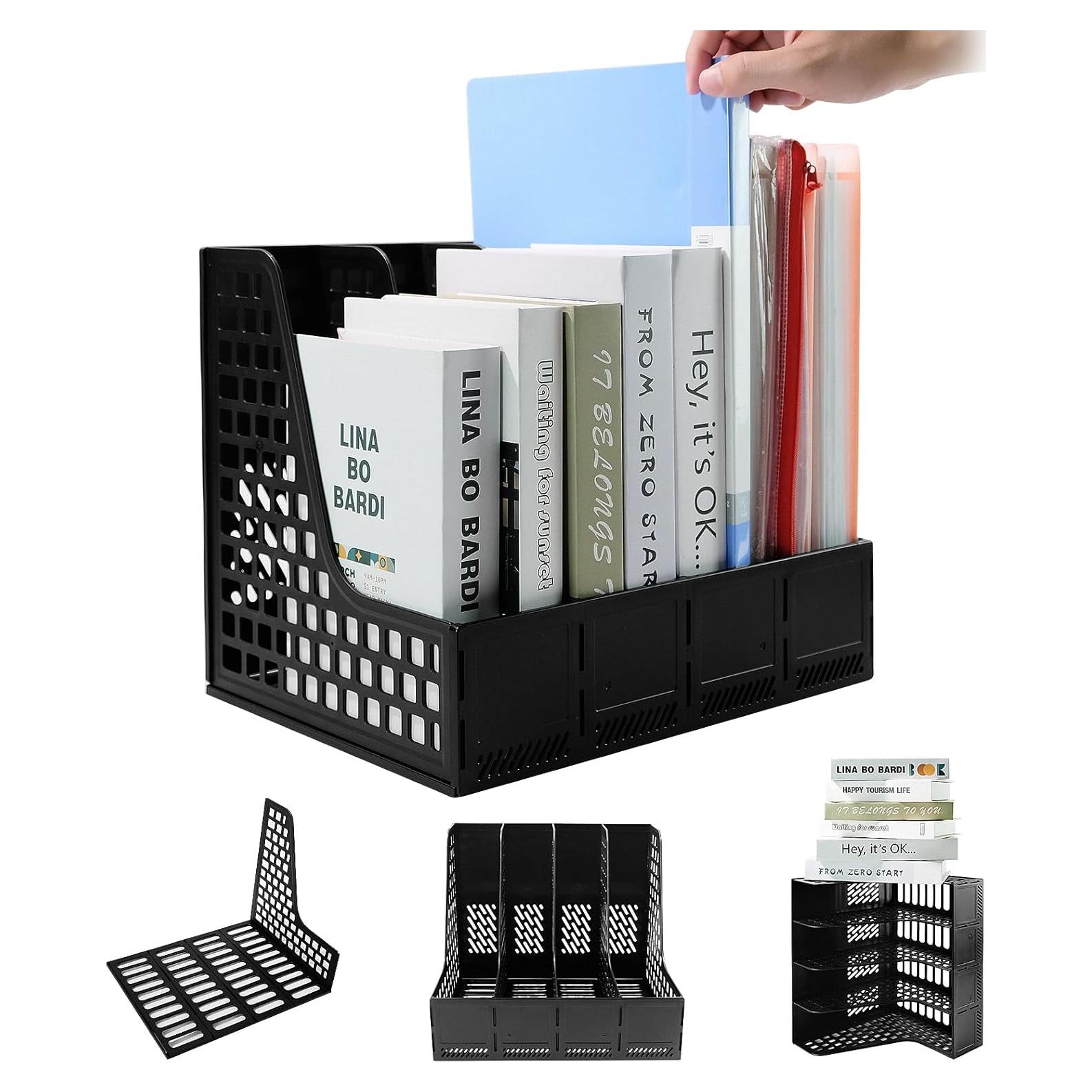 Soporte de Revistas ZQS Negro, Organizador de Escritorio 4 Compartimentos