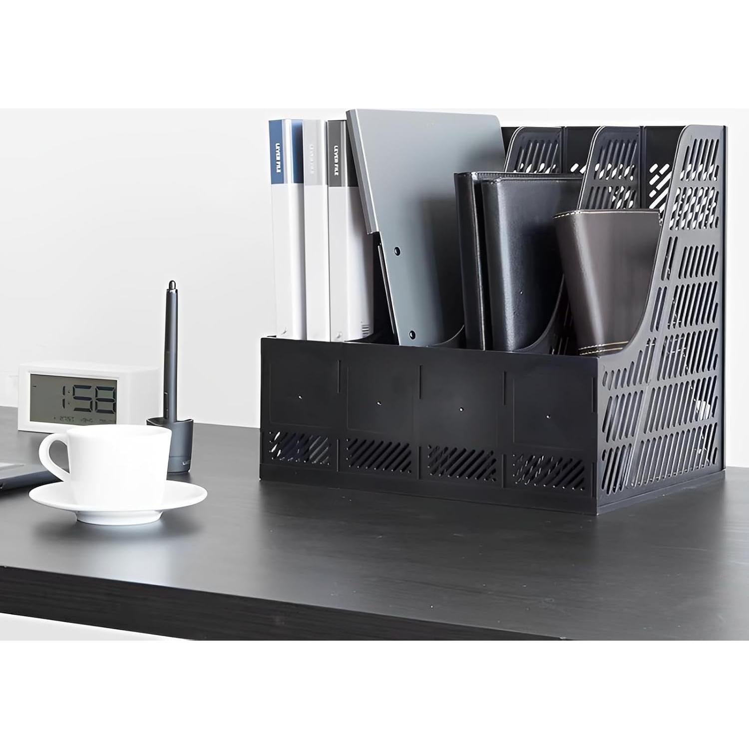 Soporte de Revistas ZQS Negro, Organizador de Escritorio 4 Compartimentos