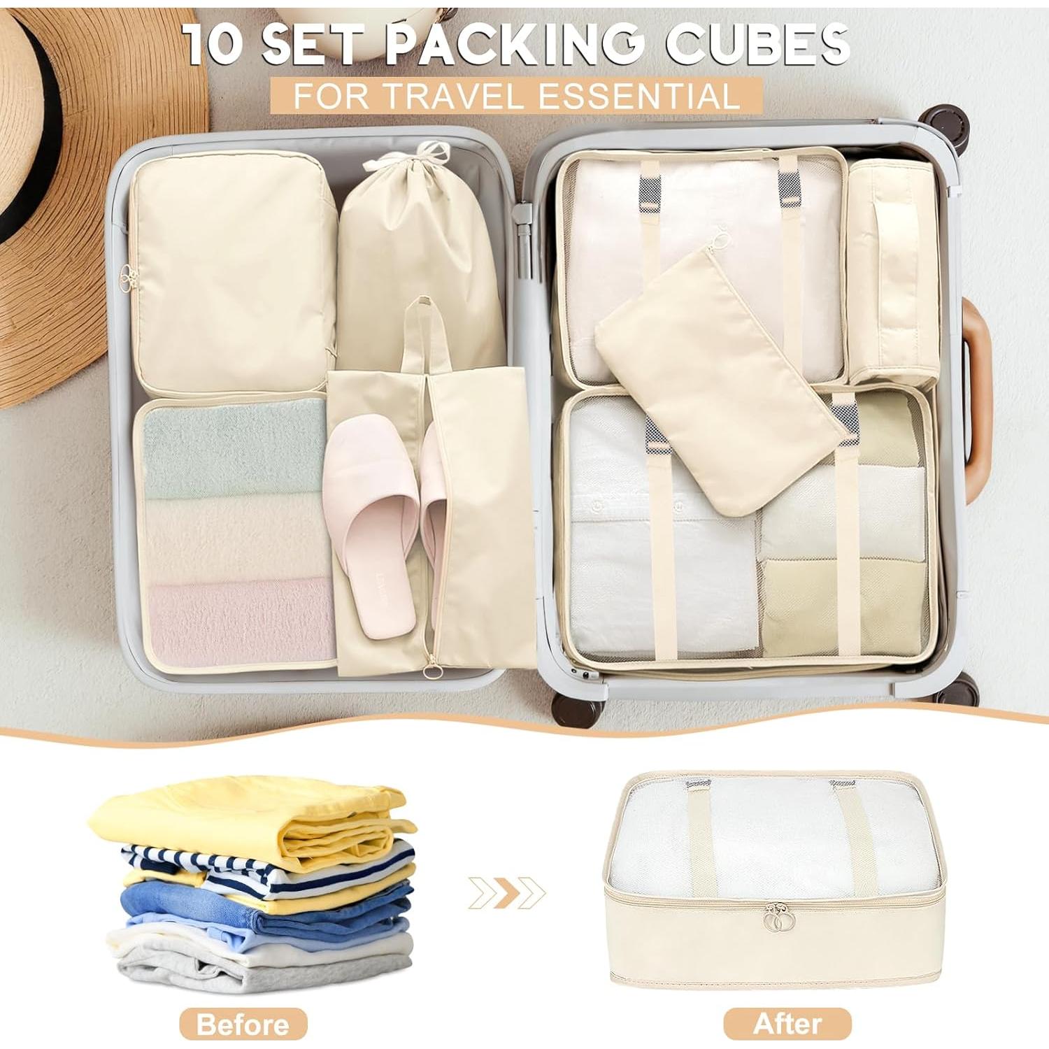 Set de 10 Cubos de Empaque para Viaje con Bolsa de Aseo