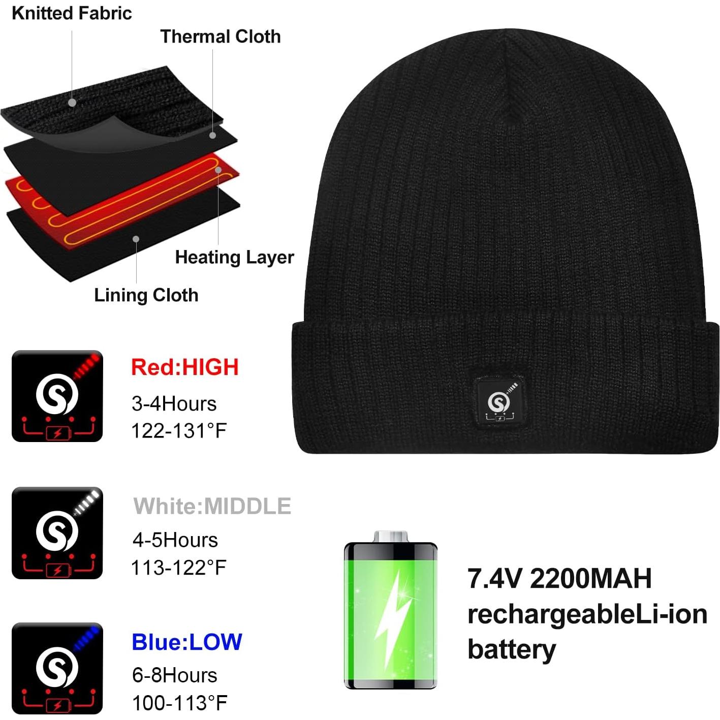 Gorro Térmico Eléctrico Calentado Unisex 7.4V Negro