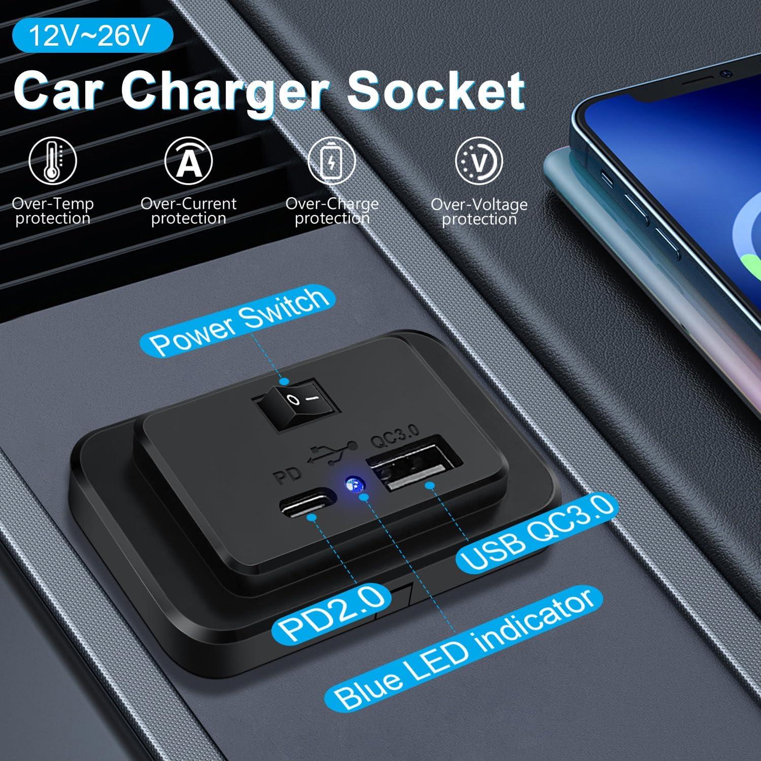 Panel de Carga USB RV UNNESTAR con Interruptor 12V-26V QC3.0