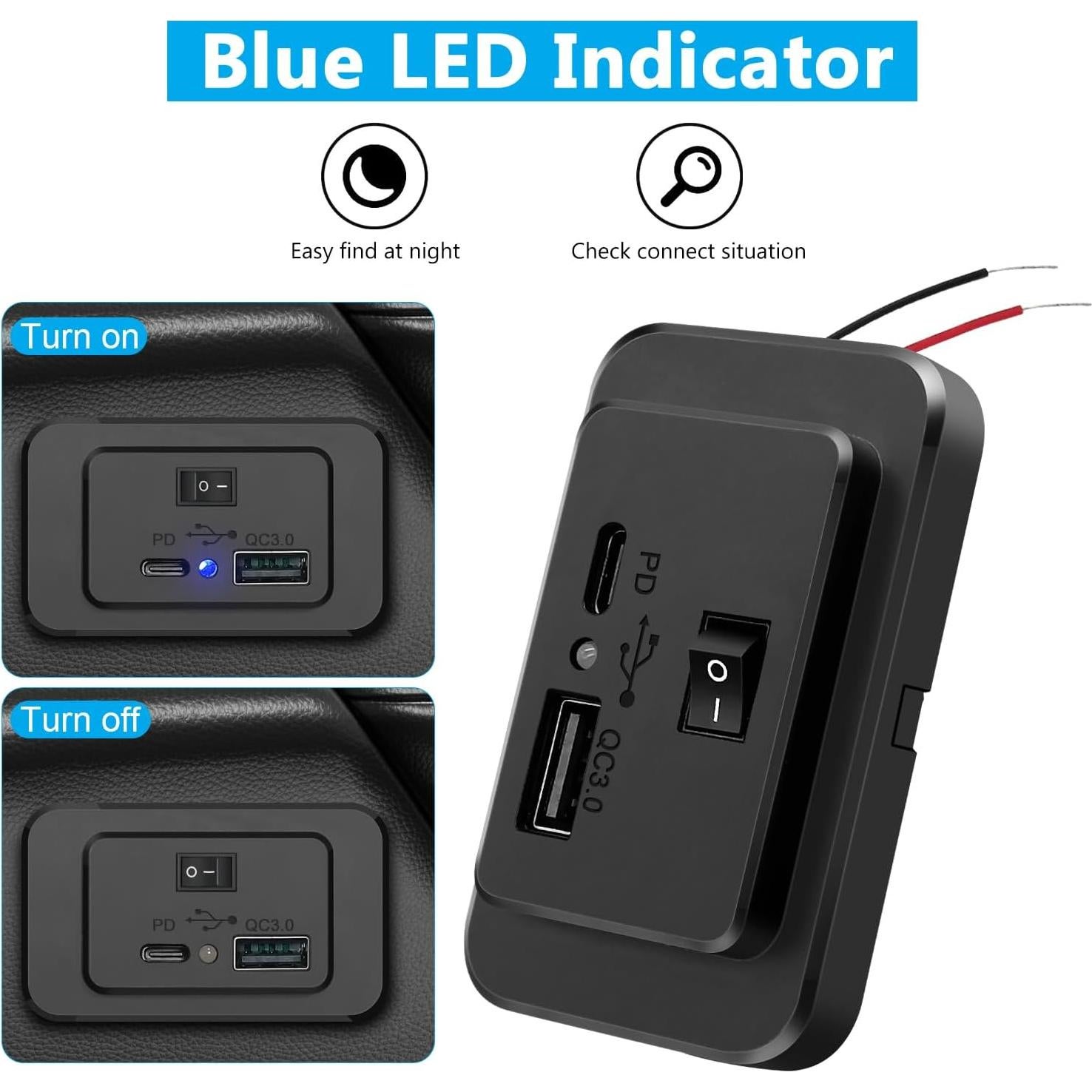 Panel de Carga USB RV UNNESTAR con Interruptor 12V-26V QC3.0