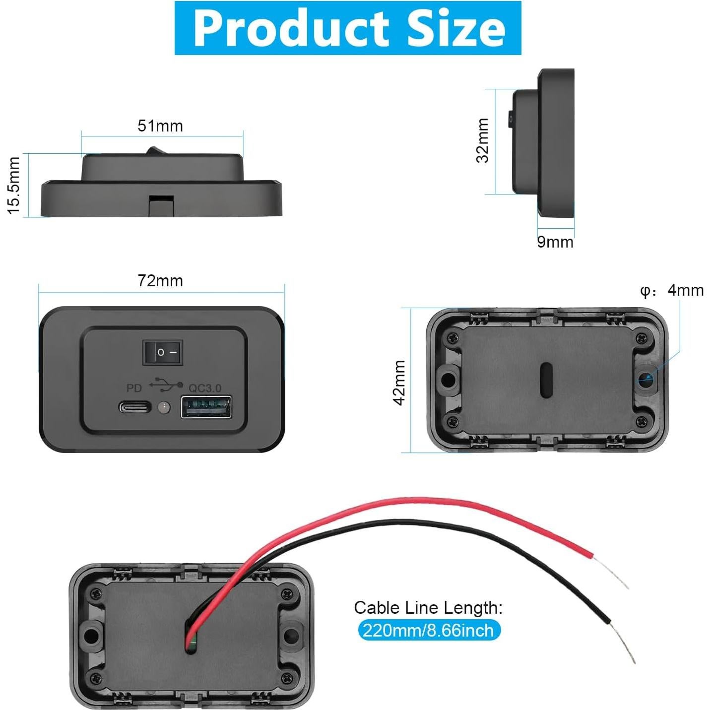 Panel de Carga USB RV UNNESTAR con Interruptor 12V-26V QC3.0
