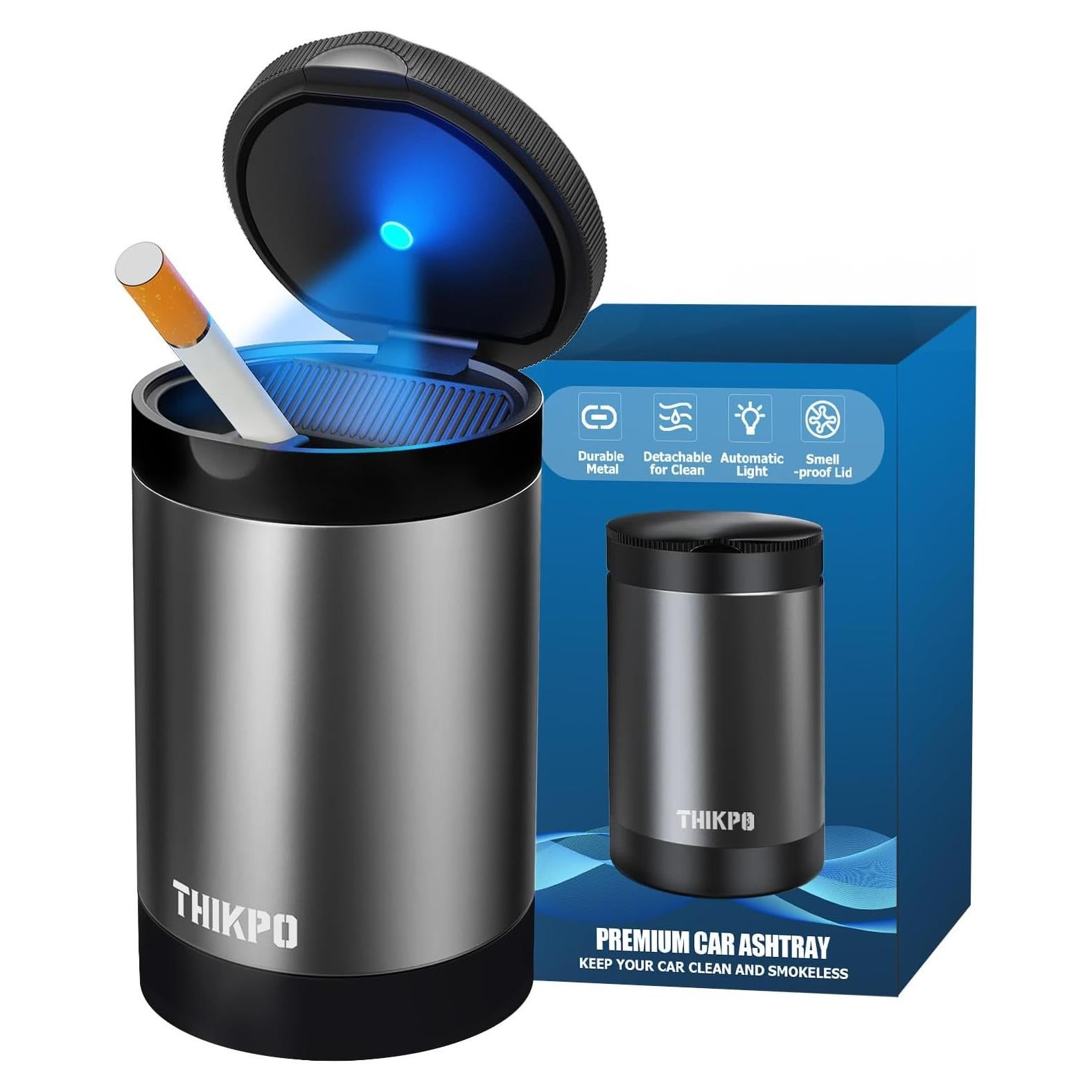 Cenicero de Coche THIKPO A6 con Tapa y Luz LED, Acero Inoxidable