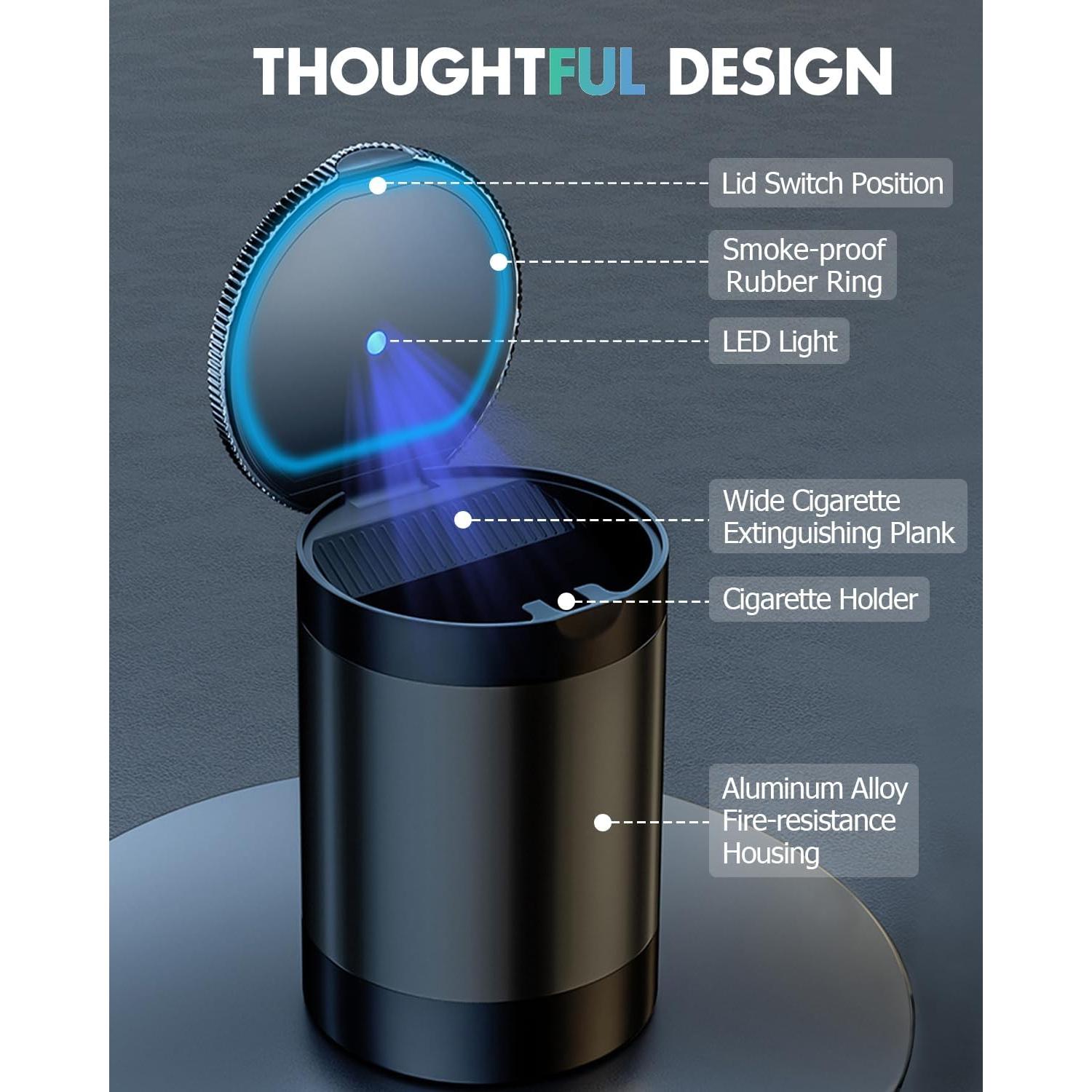 Cenicero de Coche THIKPO A6 con Tapa y Luz LED, Acero Inoxidable