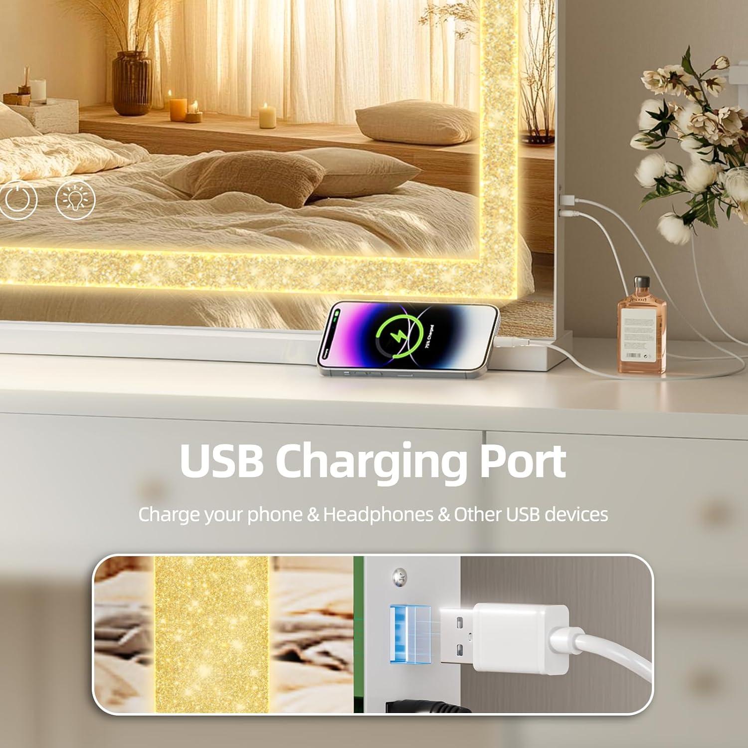 Espejo de Tocador Fenair LED 58x46 cm con Carga USB y 10X