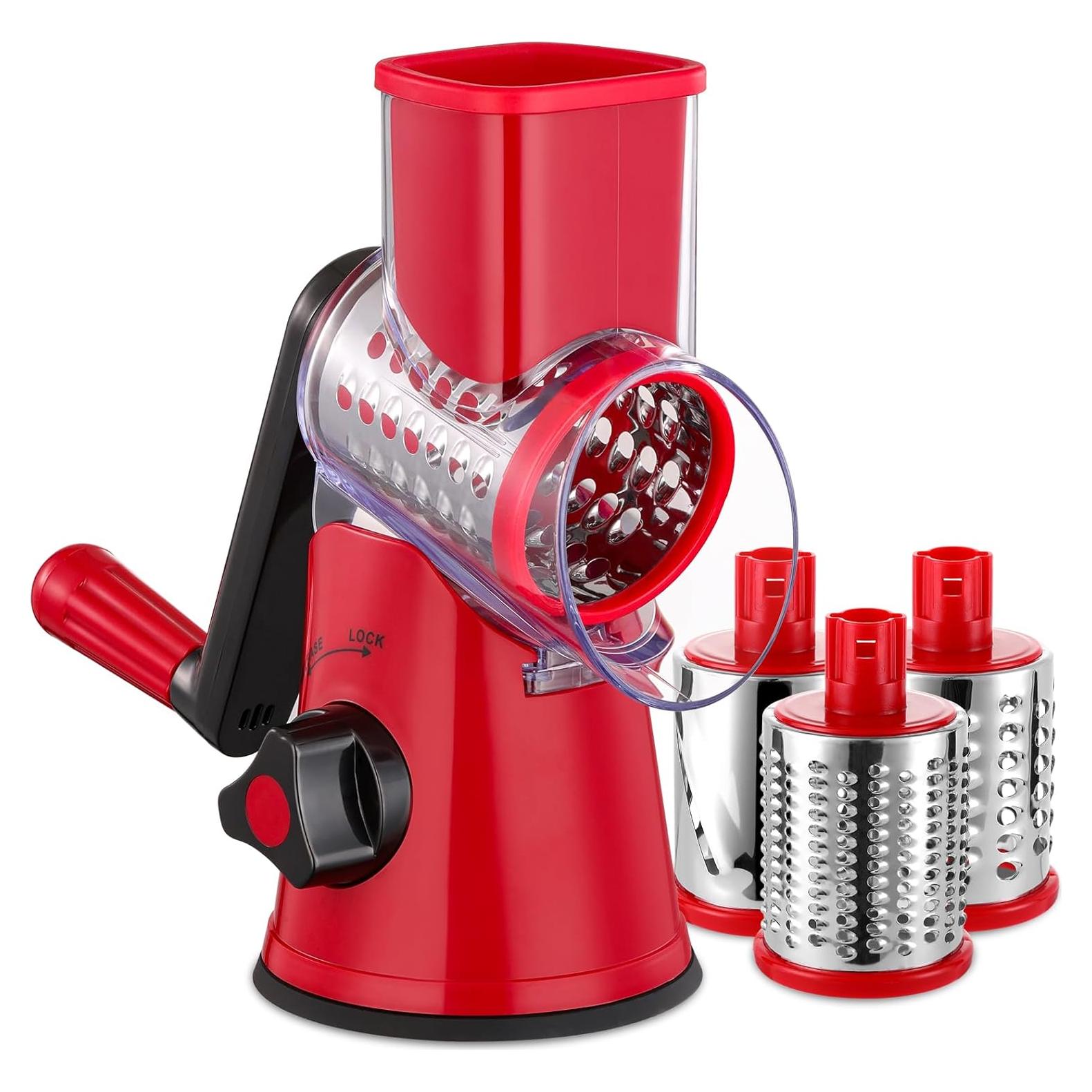 Rallador de Queso Rotatorio LucGee 3 en 1 Acero Inoxidable Rojo