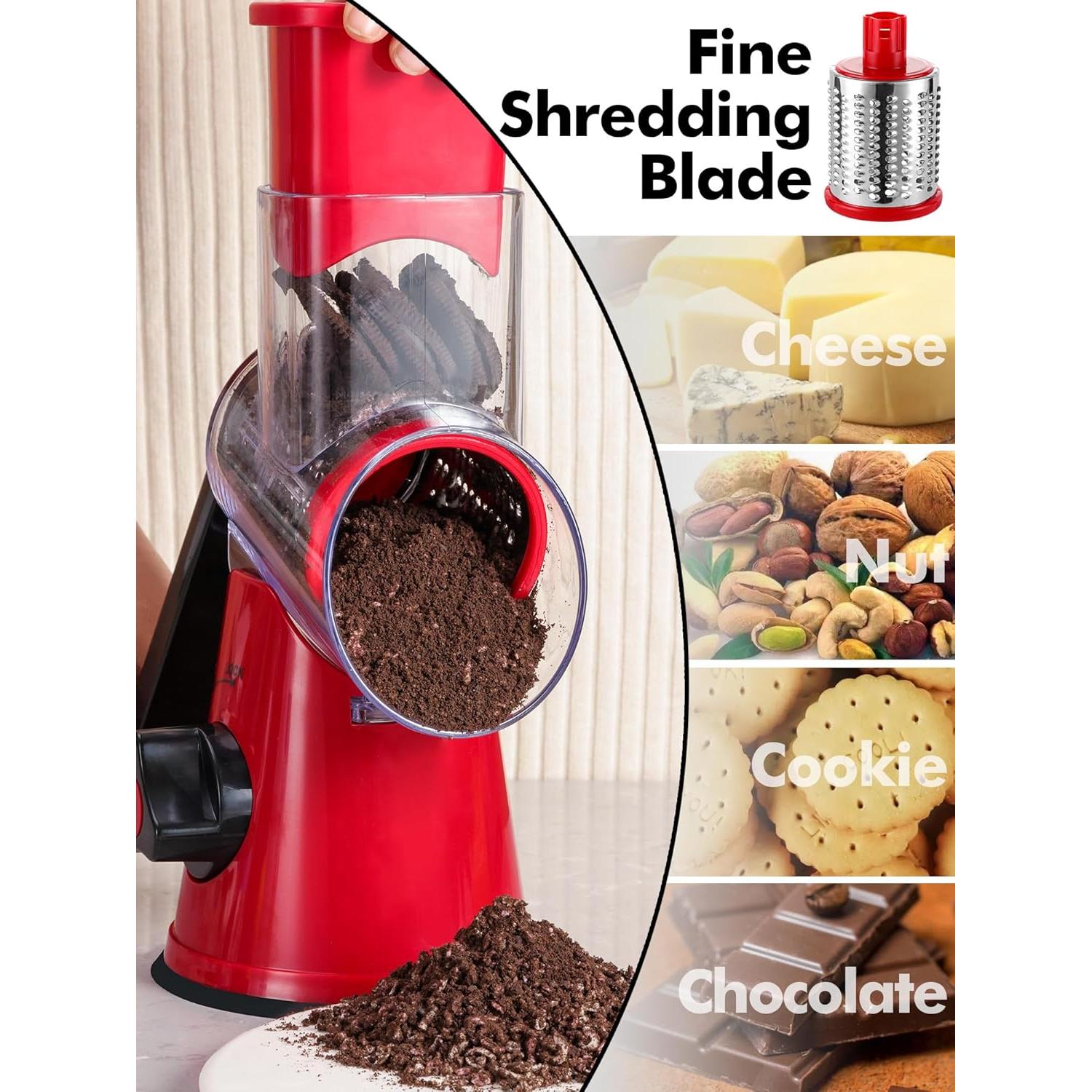 Rallador de Queso Rotatorio LucGee 3 en 1 Acero Inoxidable Rojo