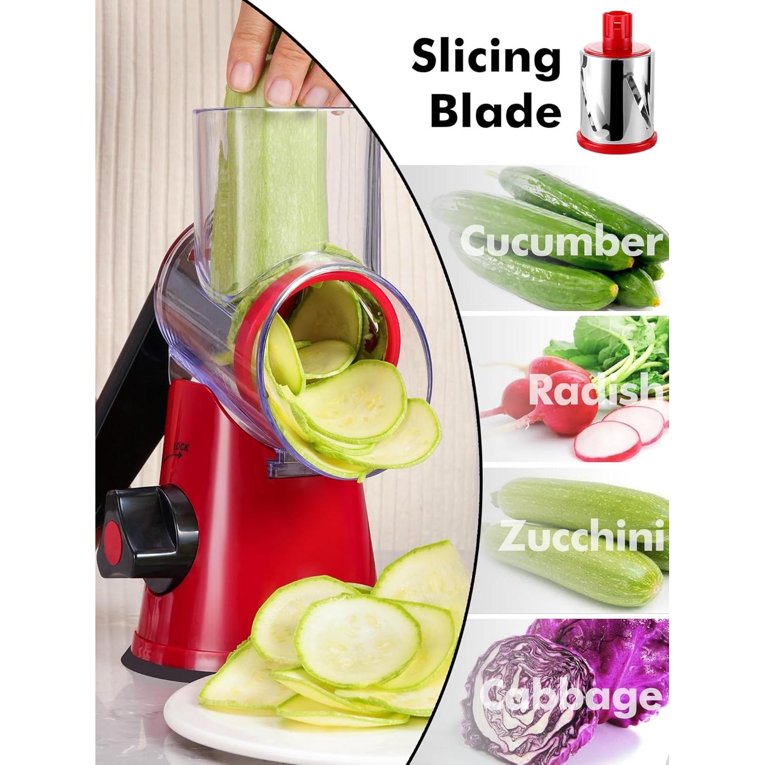 Rallador de Queso Rotatorio LucGee 3 en 1 Acero Inoxidable Rojo