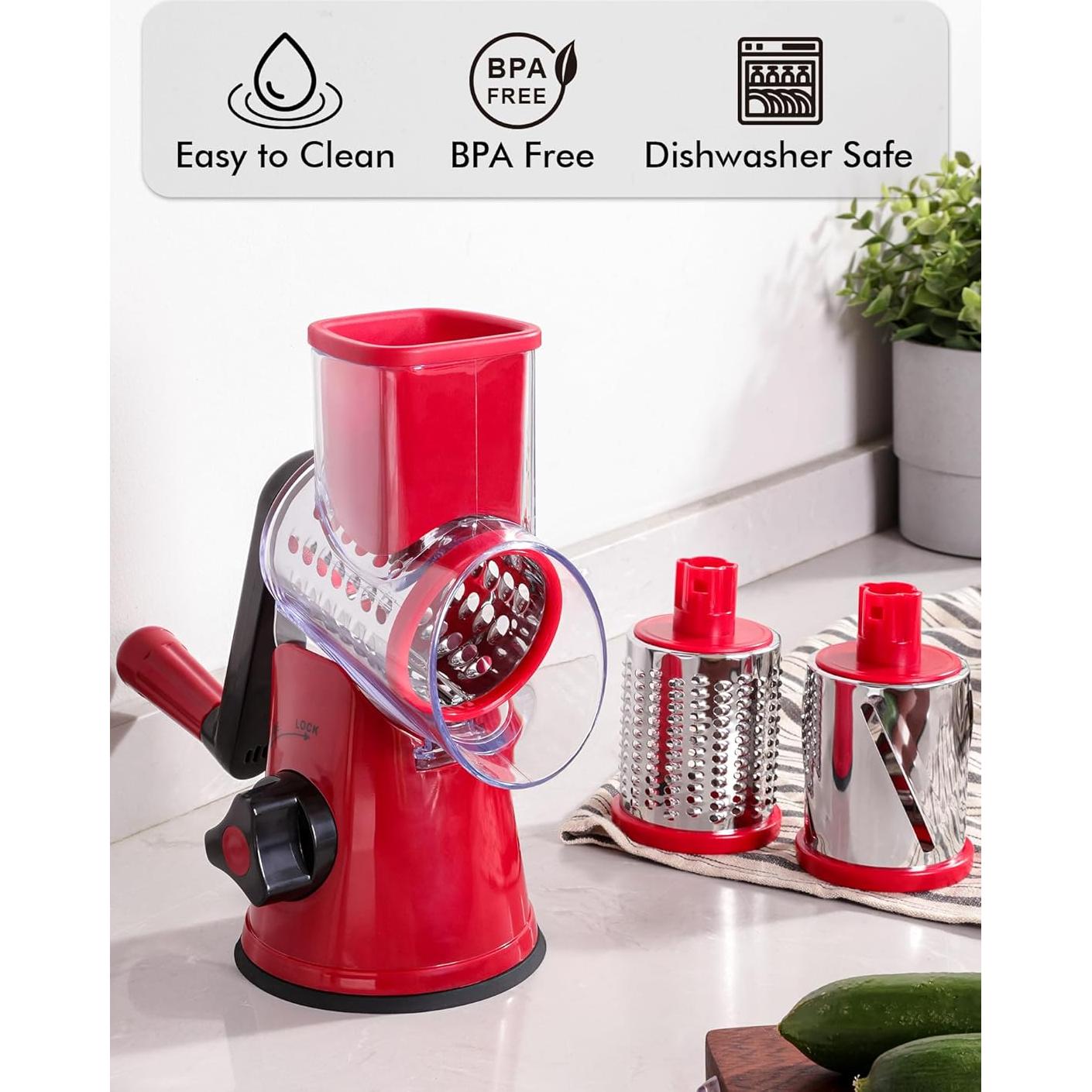 Rallador de Queso Rotatorio LucGee 3 en 1 Acero Inoxidable Rojo