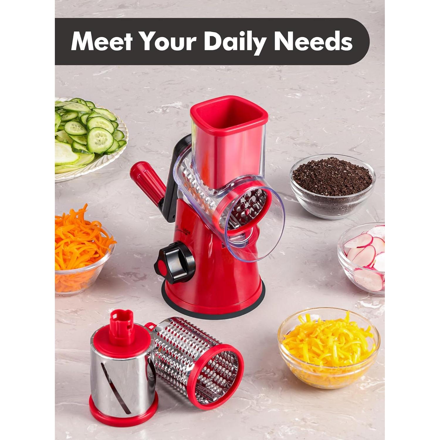 Rallador de Queso Rotatorio LucGee 3 en 1 Acero Inoxidable Rojo