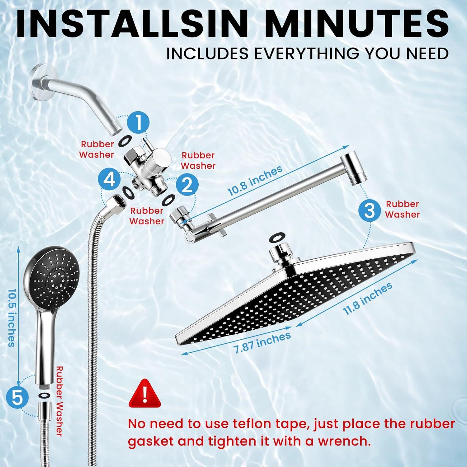 Cabezal de Ducha RNDIOZD Doble con Combo de Mano 30 cm 5 Modos