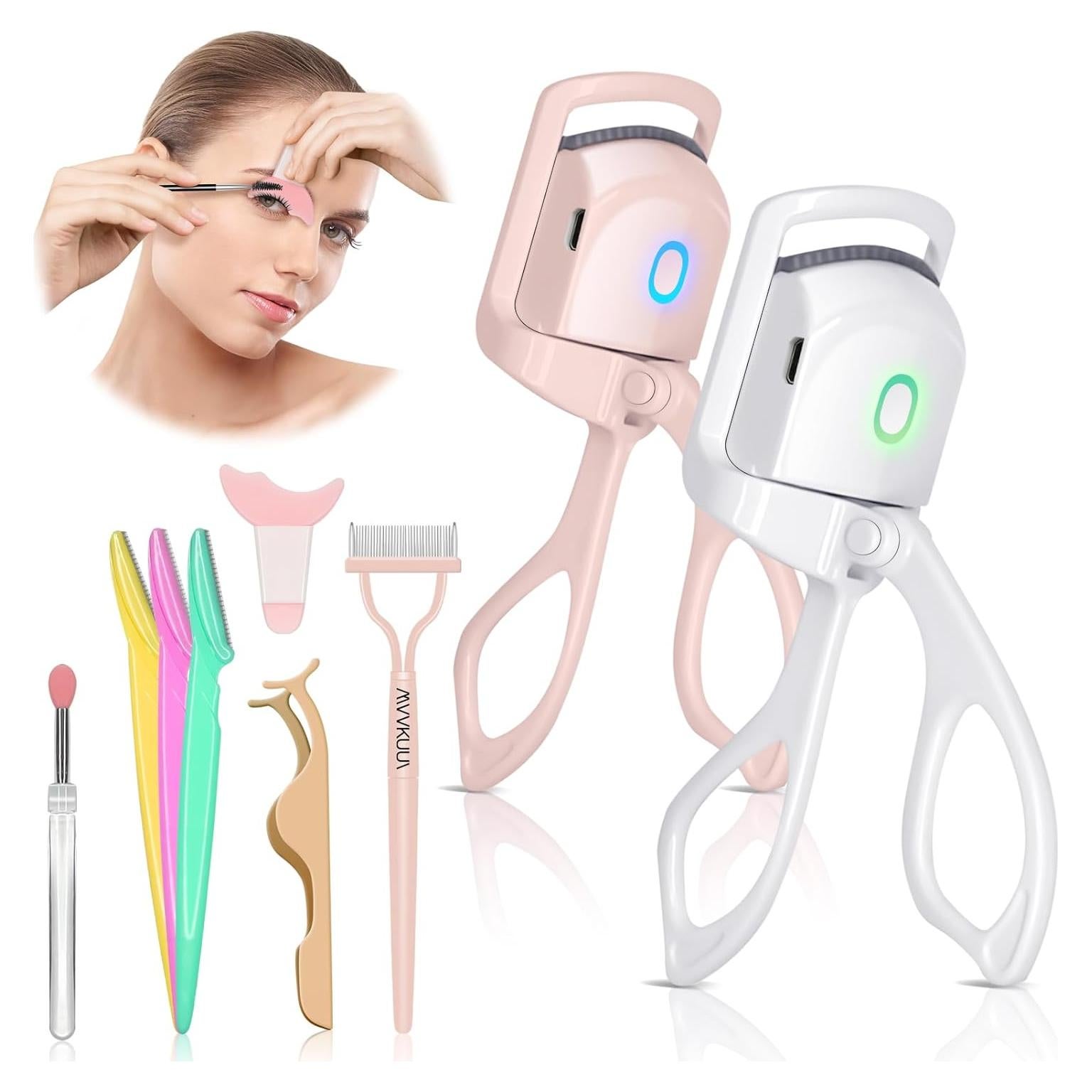 Rizador de Pestañas Calentado MVVKUUI Rosa, 2 Modos, Portátil