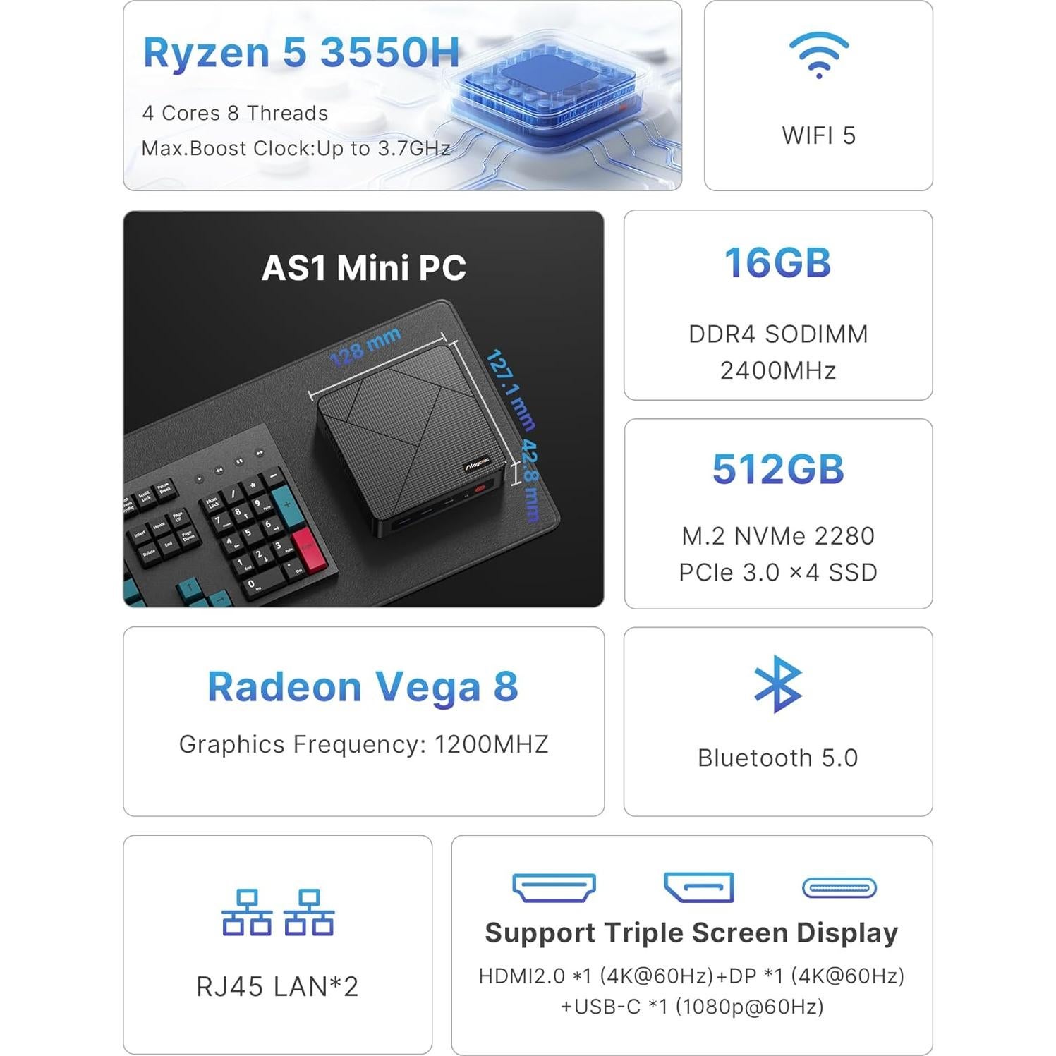 Mini PC MAGICNUC AS1 Ryzen 5 3550H 16GB RAM 512GB SSD