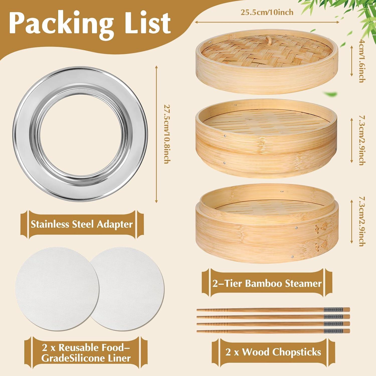 Vaporera de Bambú 10" Essovee 2 Niveles con Palillos y Forros