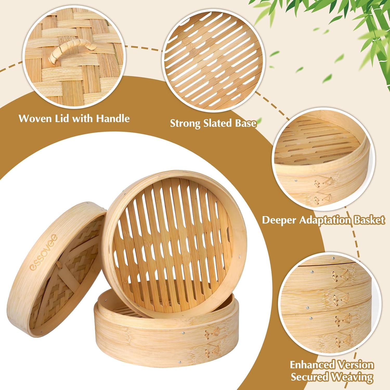 Vaporera de Bambú 10" Essovee 2 Niveles con Palillos y Forros