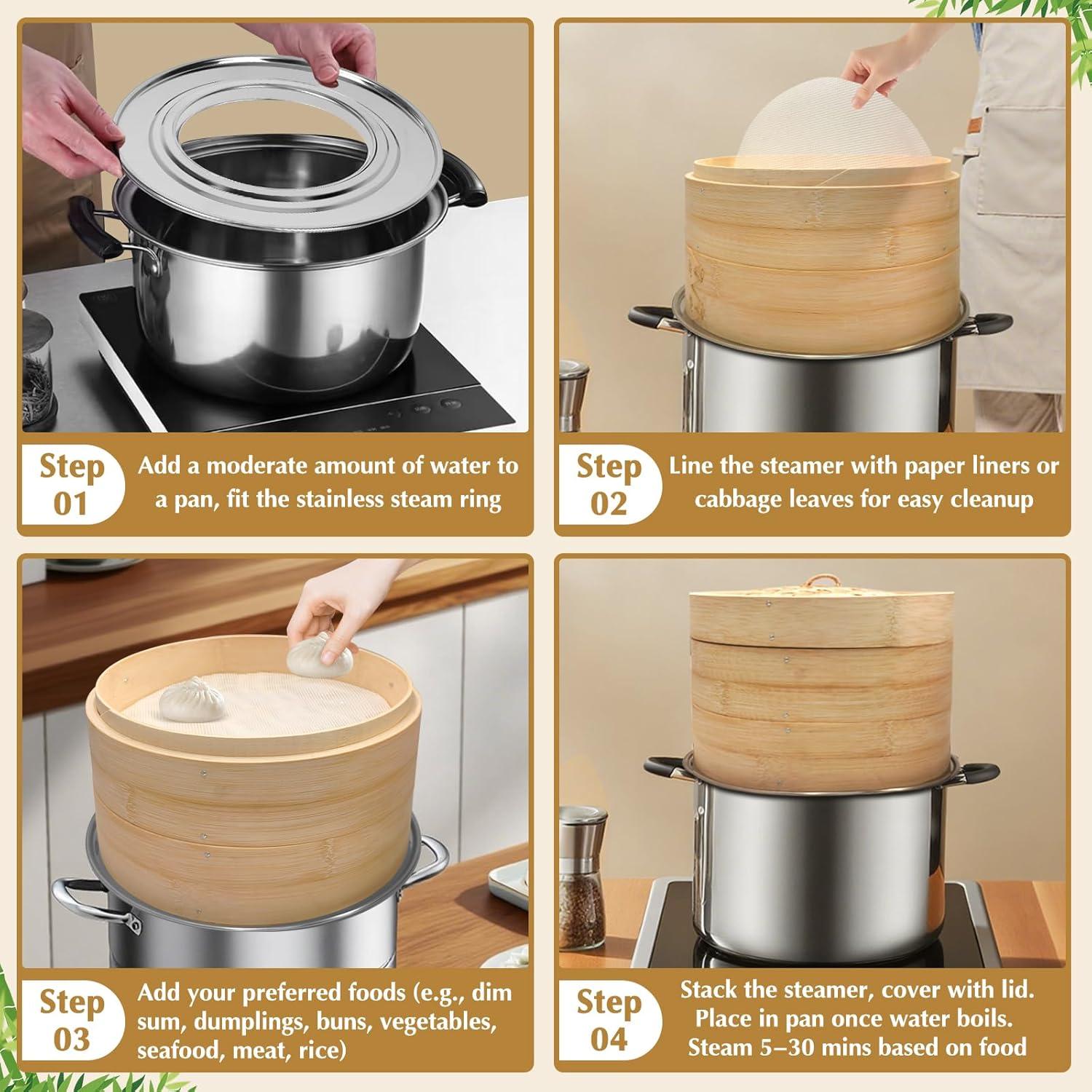 Vaporera de Bambú 10" Essovee 2 Niveles con Palillos y Forros