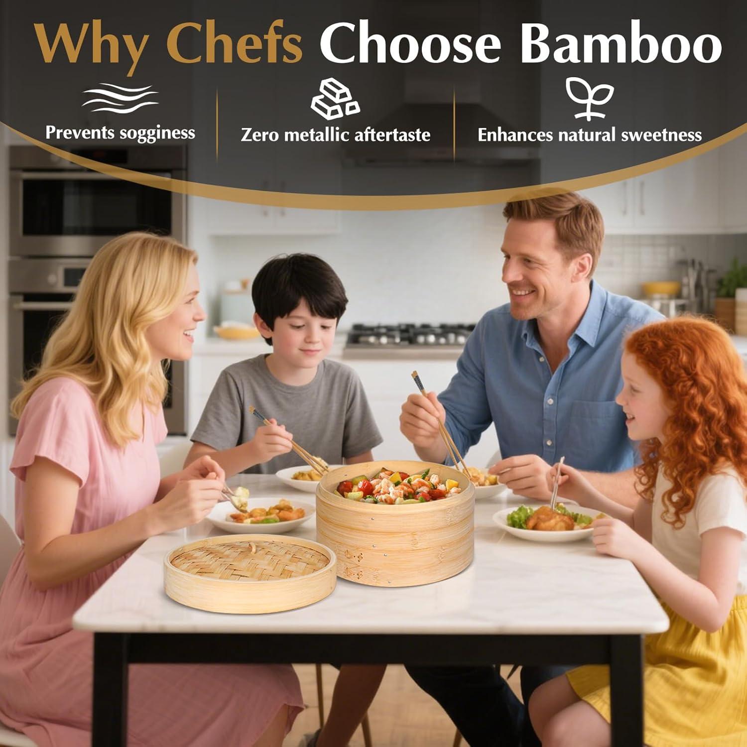 Vaporera de Bambú 10" Essovee 2 Niveles con Palillos y Forros