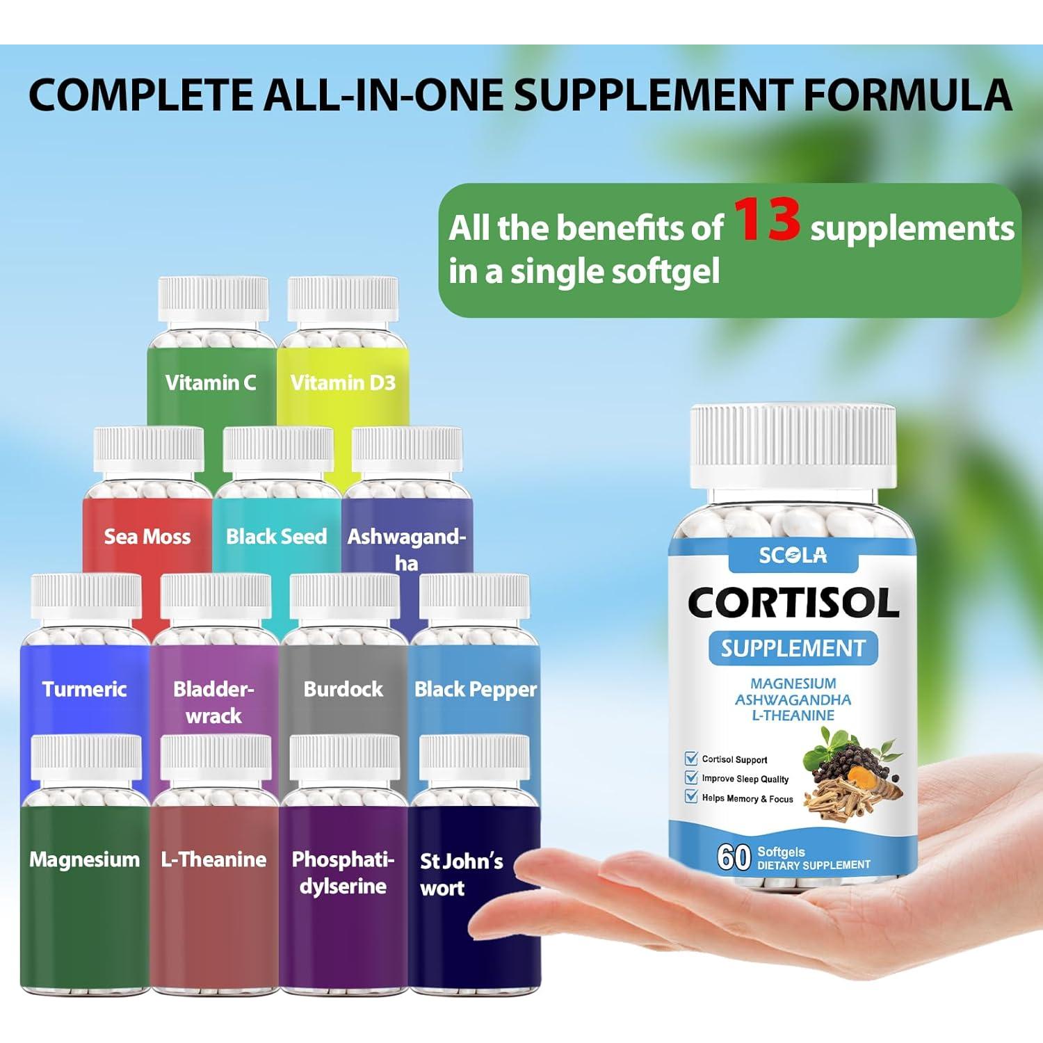 Suplemento de Cortisol SCOLA con Magnesio y Ashwagandha 60 Cápsulas