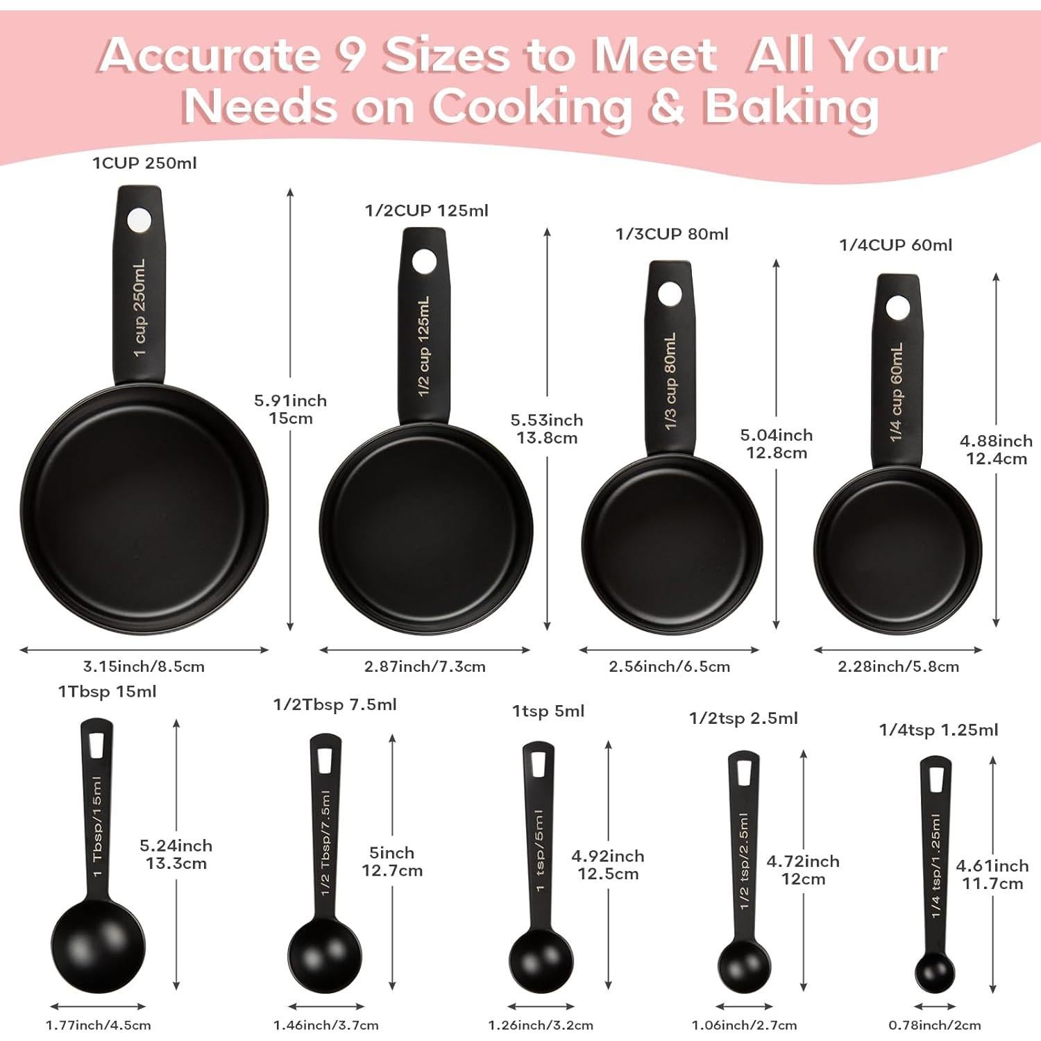 Juego de 9 Tazas y Cucharas Medidoras Muchtolove Acero Inoxidable