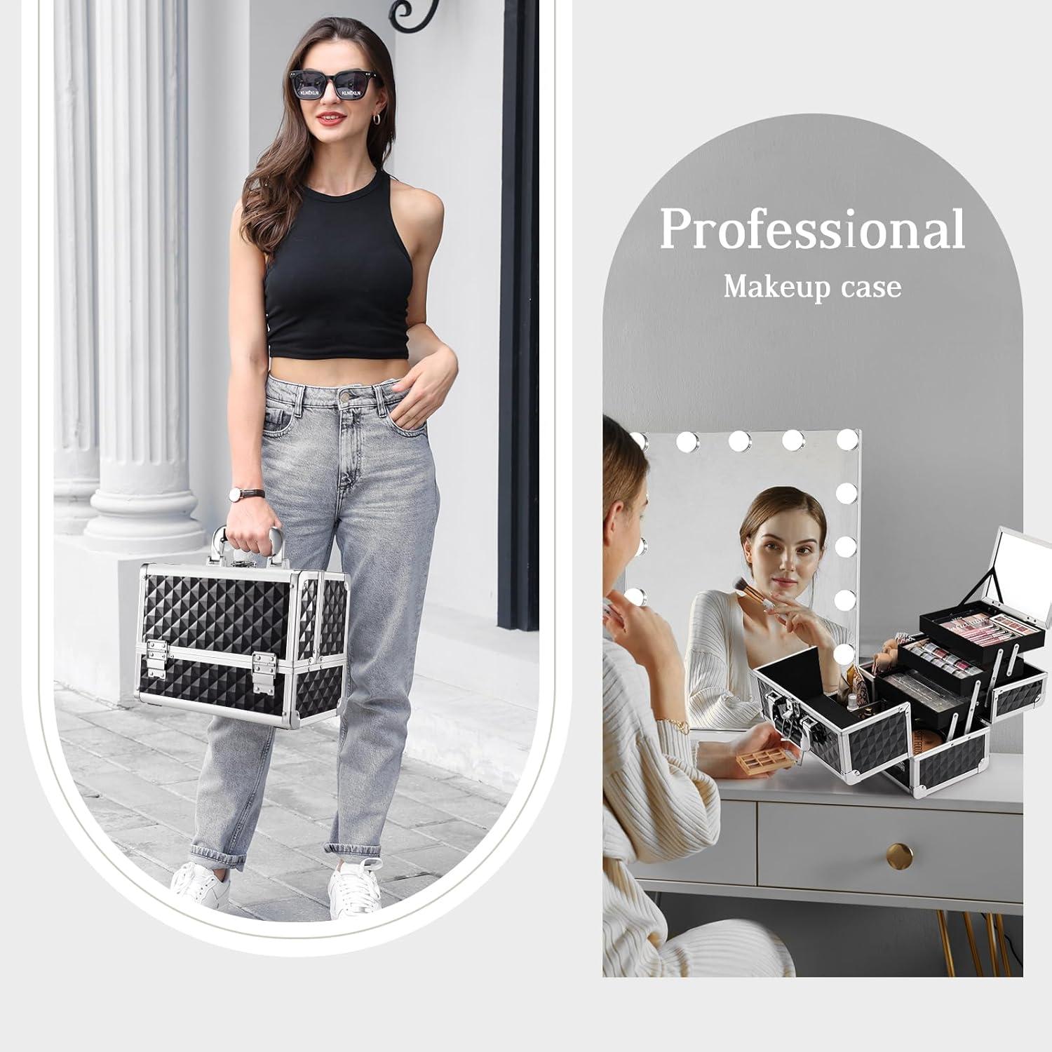 Caja de Maquillaje Joligrace Negra con Espejo y 3 Bandejas 29.5 cm