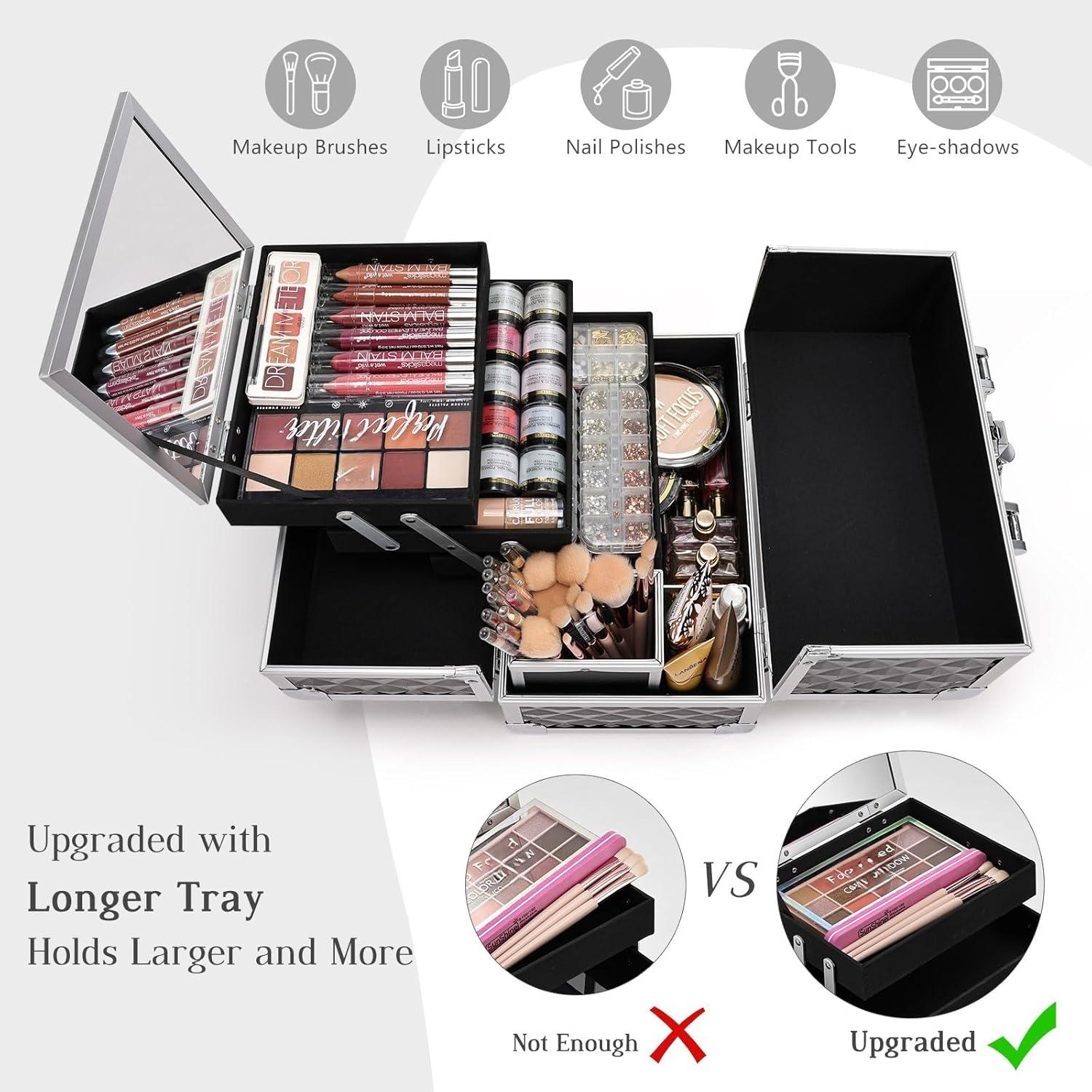 Caja de Maquillaje Joligrace Negra con Espejo y 3 Bandejas 29.5 cm