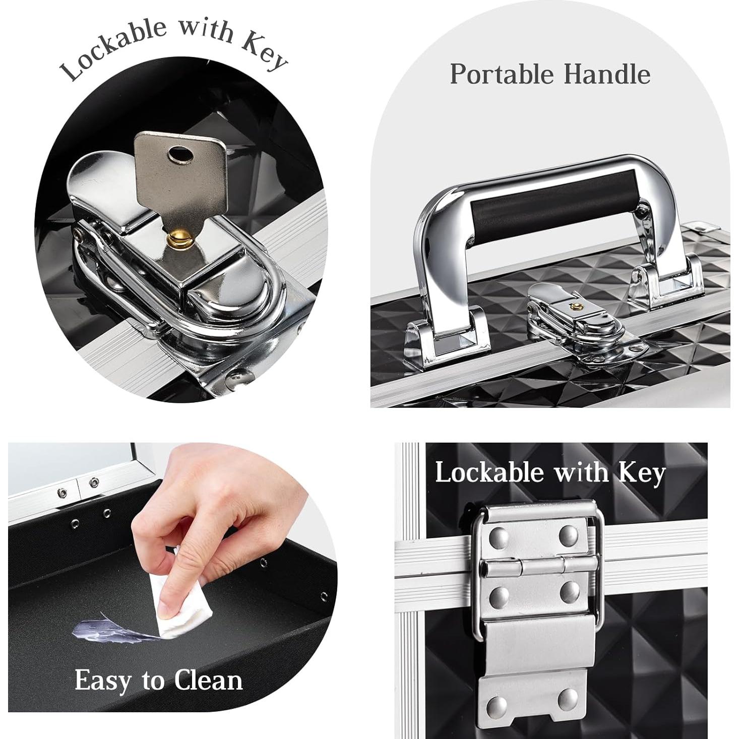 Caja de Maquillaje Joligrace Negra con Espejo y 3 Bandejas 29.5 cm