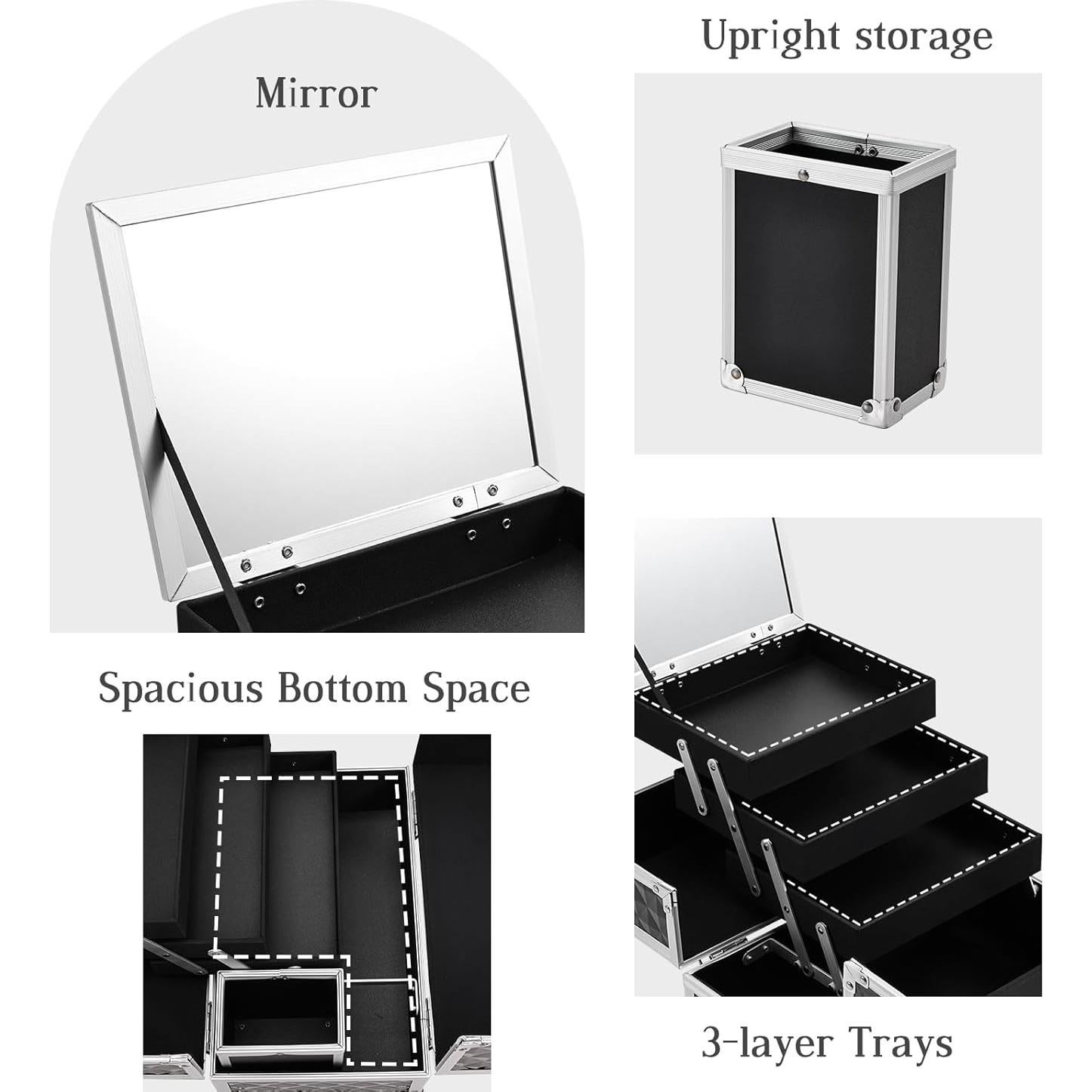 Caja de Maquillaje Joligrace Negra con Espejo y 3 Bandejas 29.5 cm