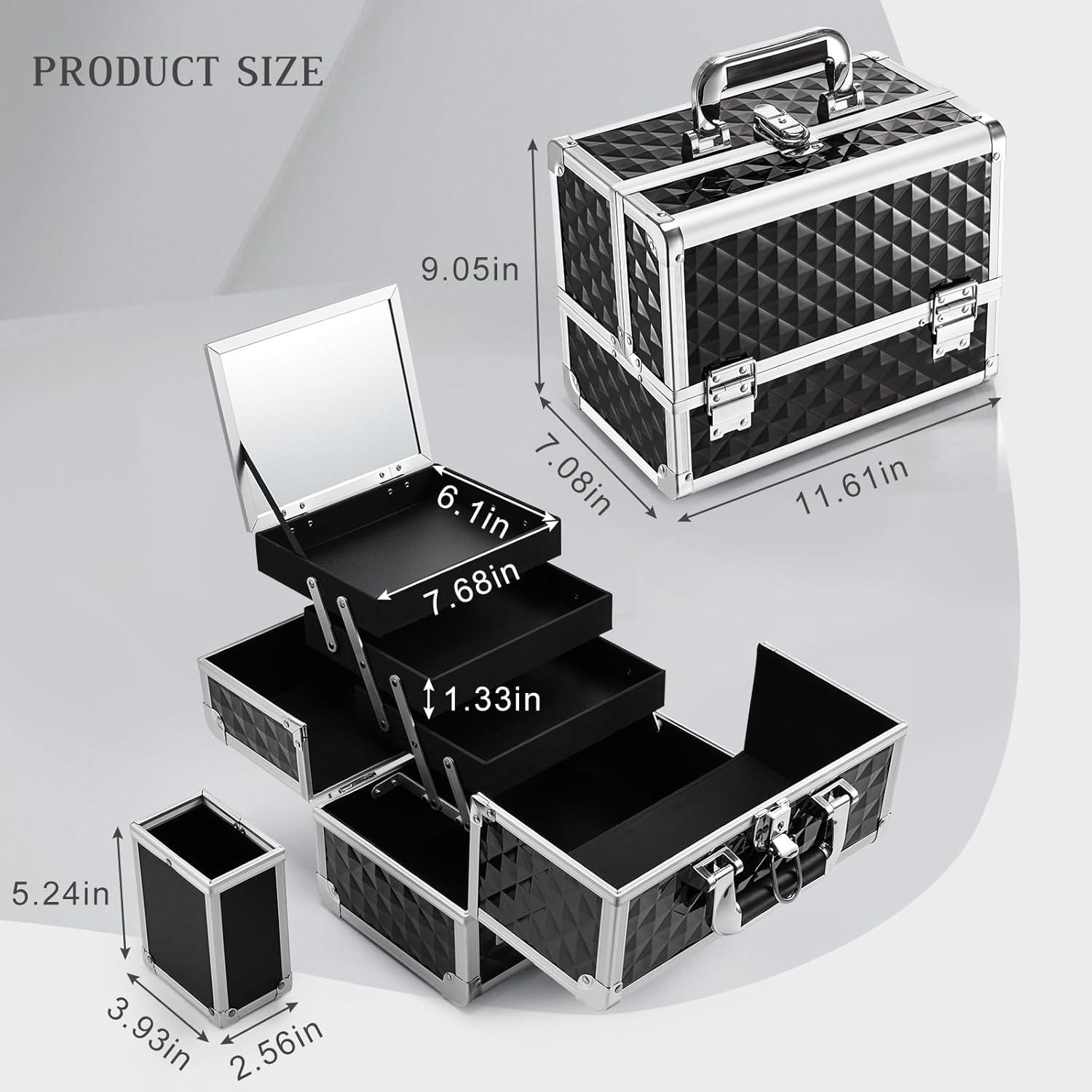 Caja de Maquillaje Joligrace Negra con Espejo y 3 Bandejas 29.5 cm