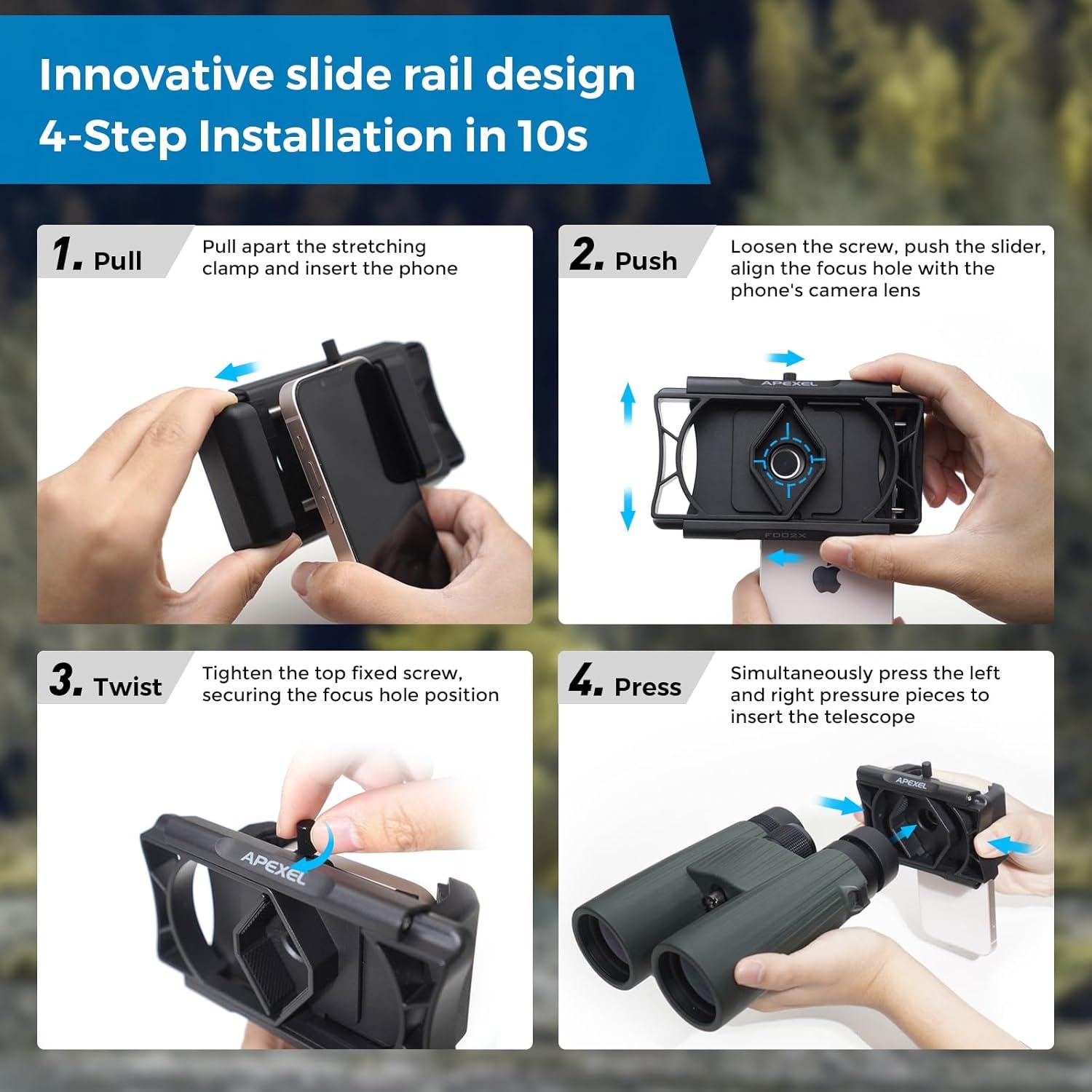 Adaptador de Teléfono APEXEL 360° para Telescopio y Monocular