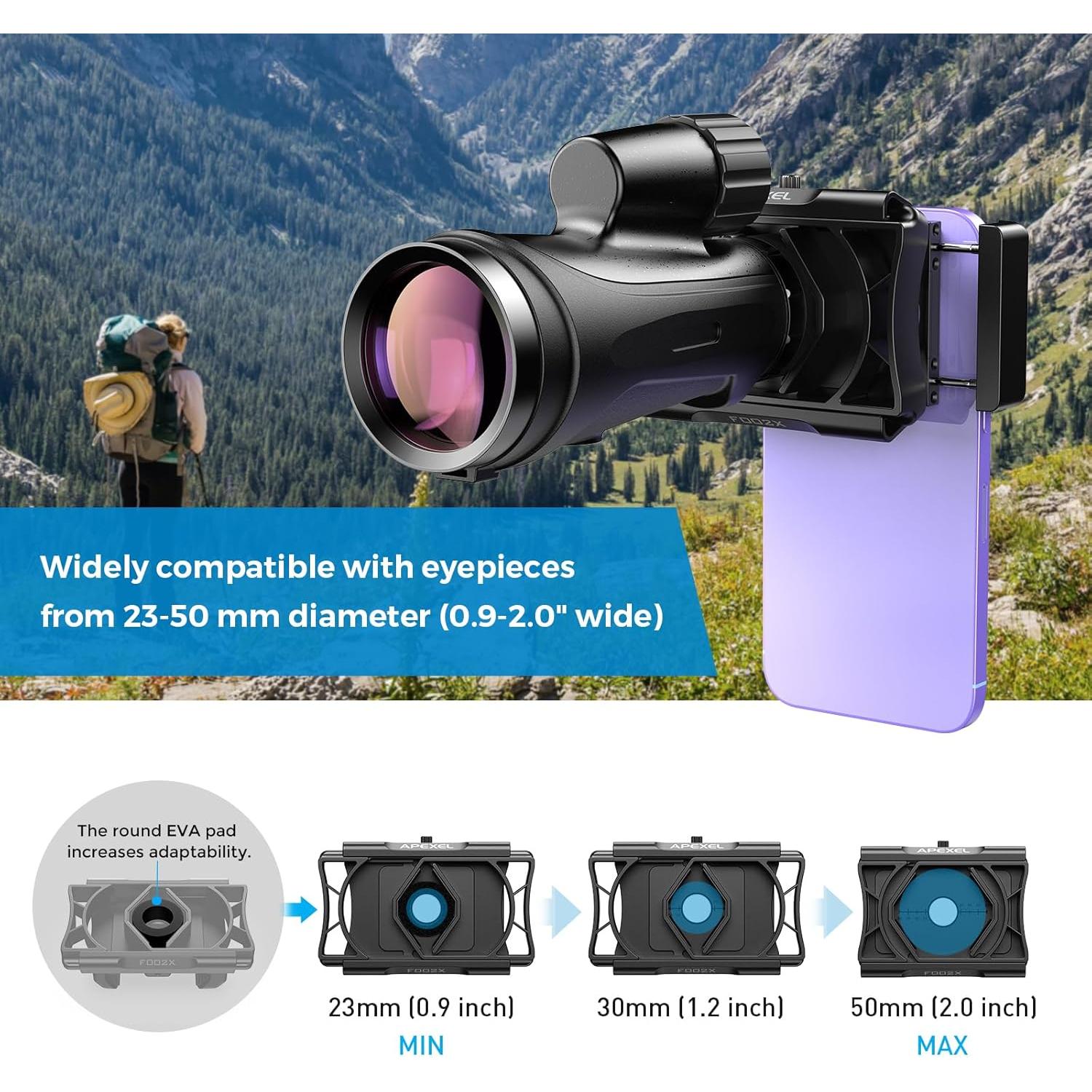 Adaptador de Teléfono APEXEL 360° para Telescopio y Monocular