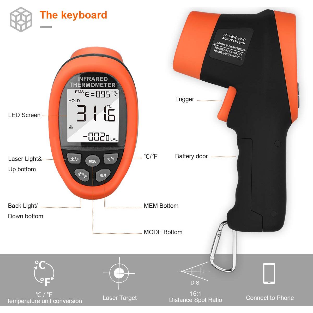 Termómetro Infrarrojo AOPUTTRIVER AP-985C-APP Bluetooth -50°C a 800°C