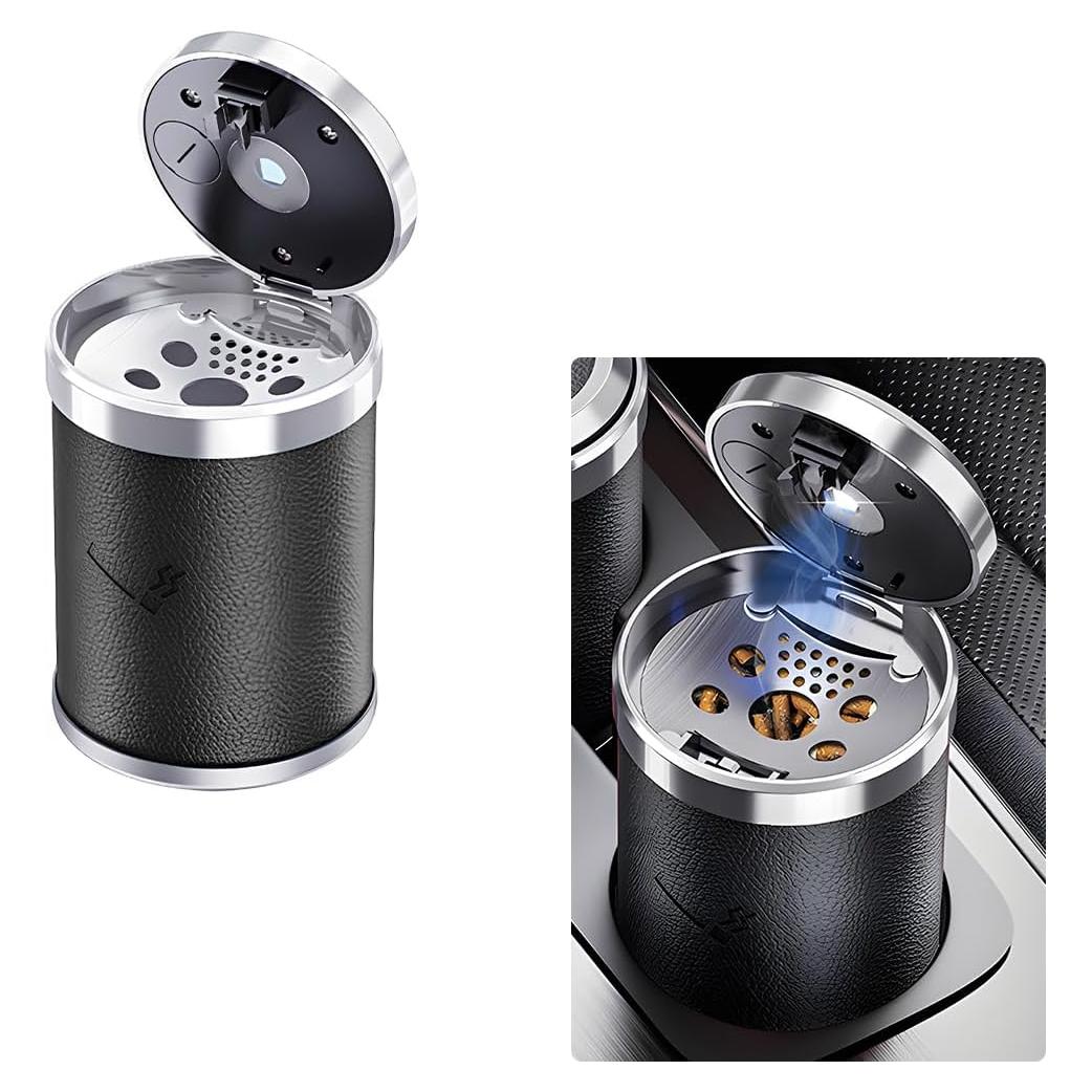 Cenicero de coche Gasedin con tapa y luz LED azul - Negro