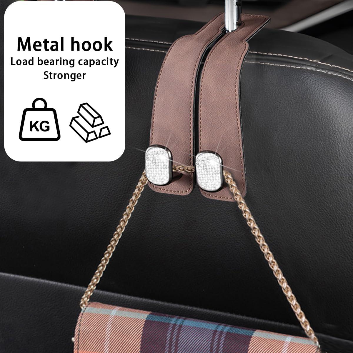 2PCS Bling Car Seat Headrest Hook, Crystal Rhinestone Vehicle Seat Back Storage Hanger for Coats Grocery Handbag, Diamond Auto Interior Organization Hook, Universal for Most Cars (Dark Brown)