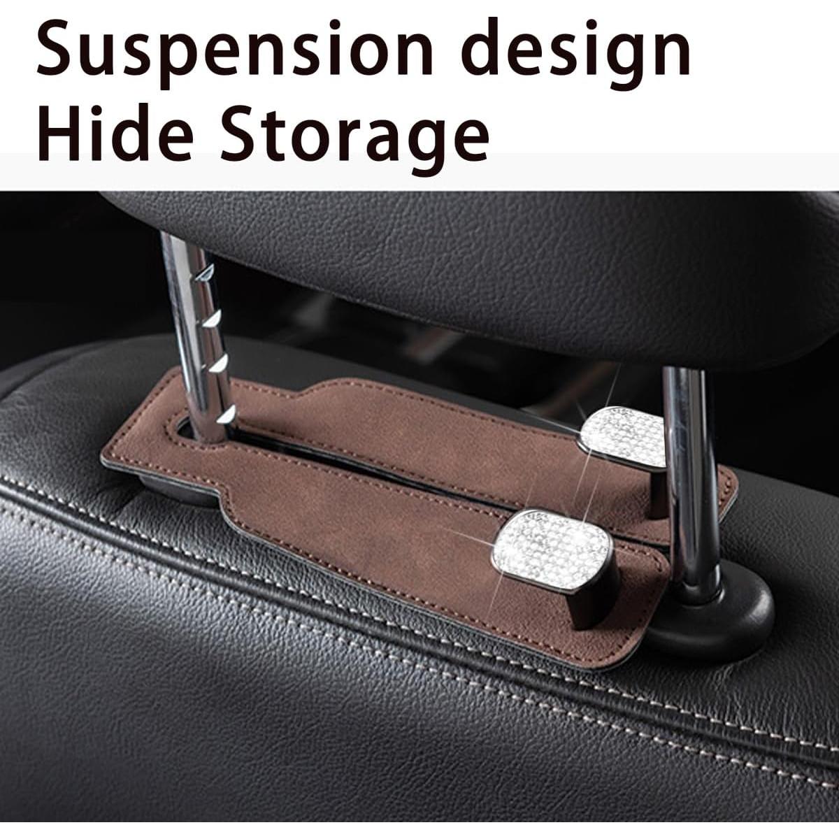 2PCS Bling Car Seat Headrest Hook, Crystal Rhinestone Vehicle Seat Back Storage Hanger for Coats Grocery Handbag, Diamond Auto Interior Organization Hook, Universal for Most Cars (Dark Brown)