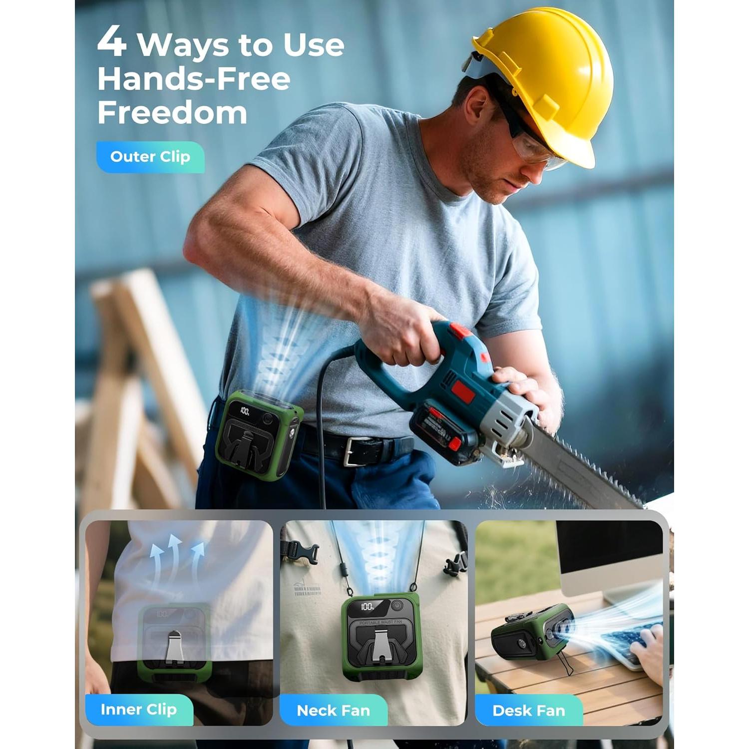 Ventilador Portátil de Cintura Joeyrras 10000mAh Verde 5 Velocidades