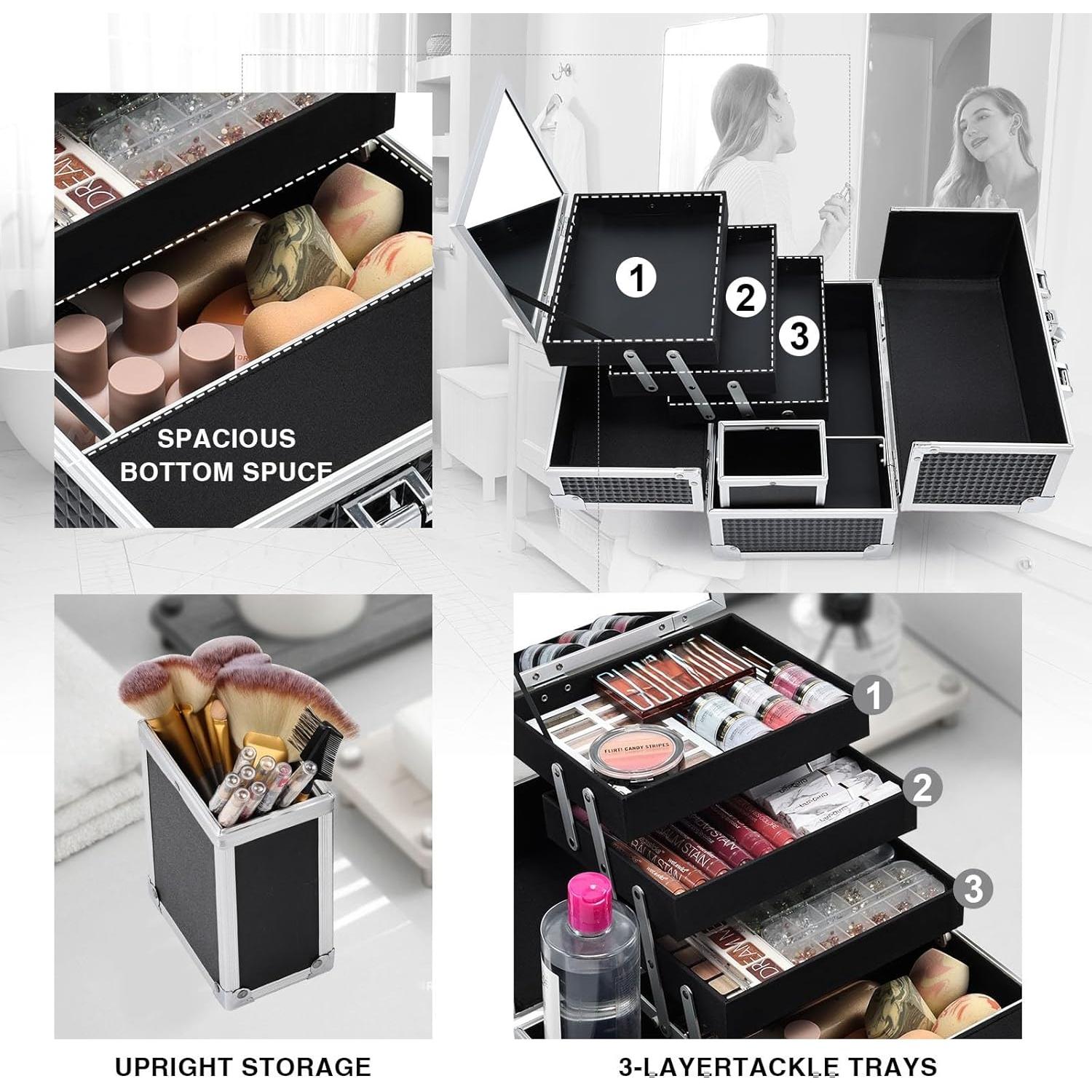 Estuche de Maquillaje Joligrace Negro 30 cm con Espejo y Soporte