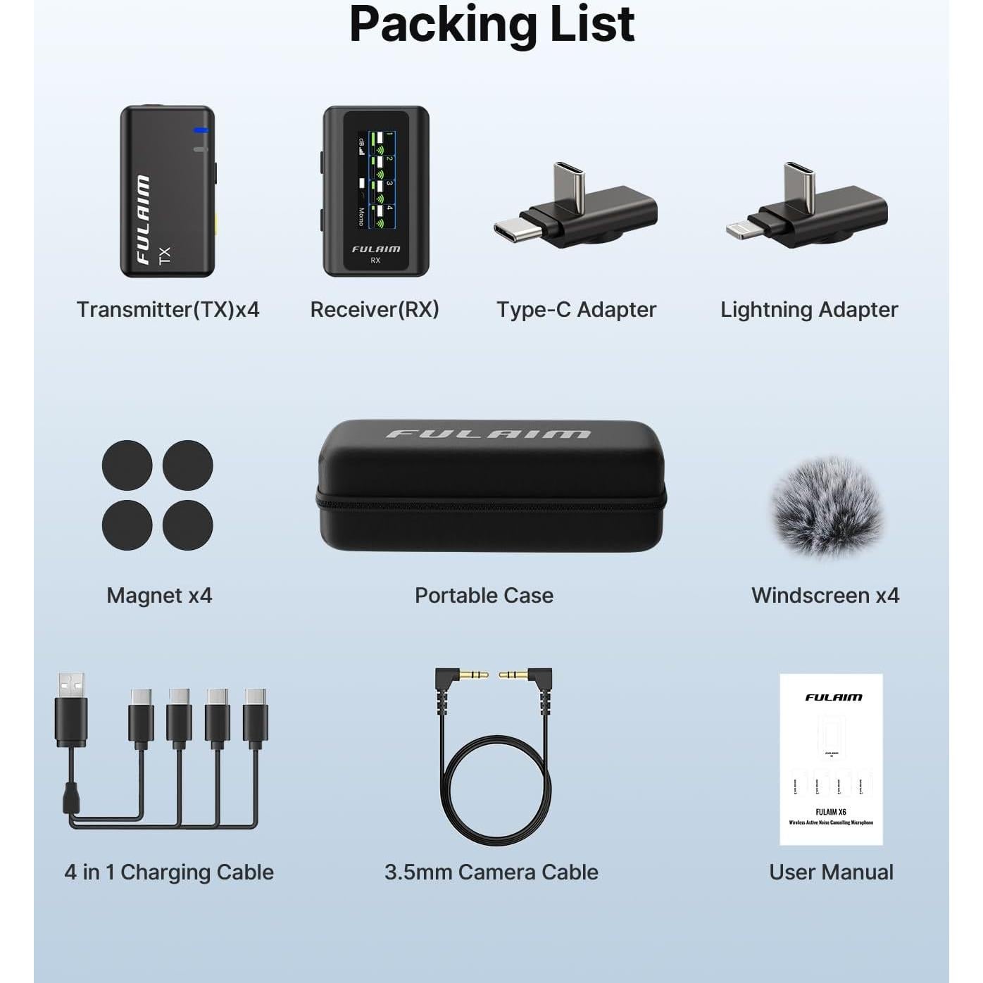 Micrófono Lavalier Inalámbrico FULAIM X6 con 4 Transmisores