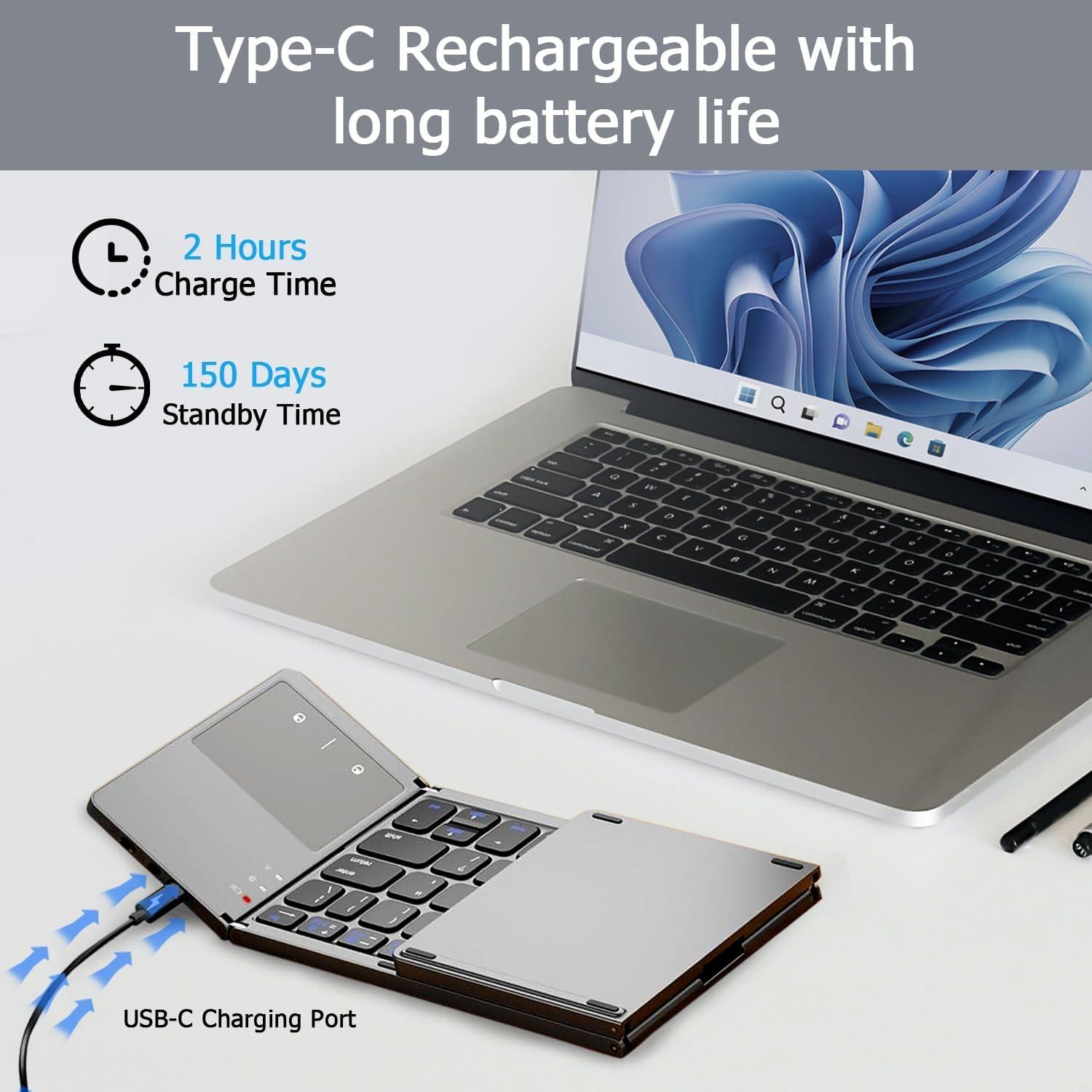 Teclado Bluetooth Plegable KUNSI con Touchpad y USB-C