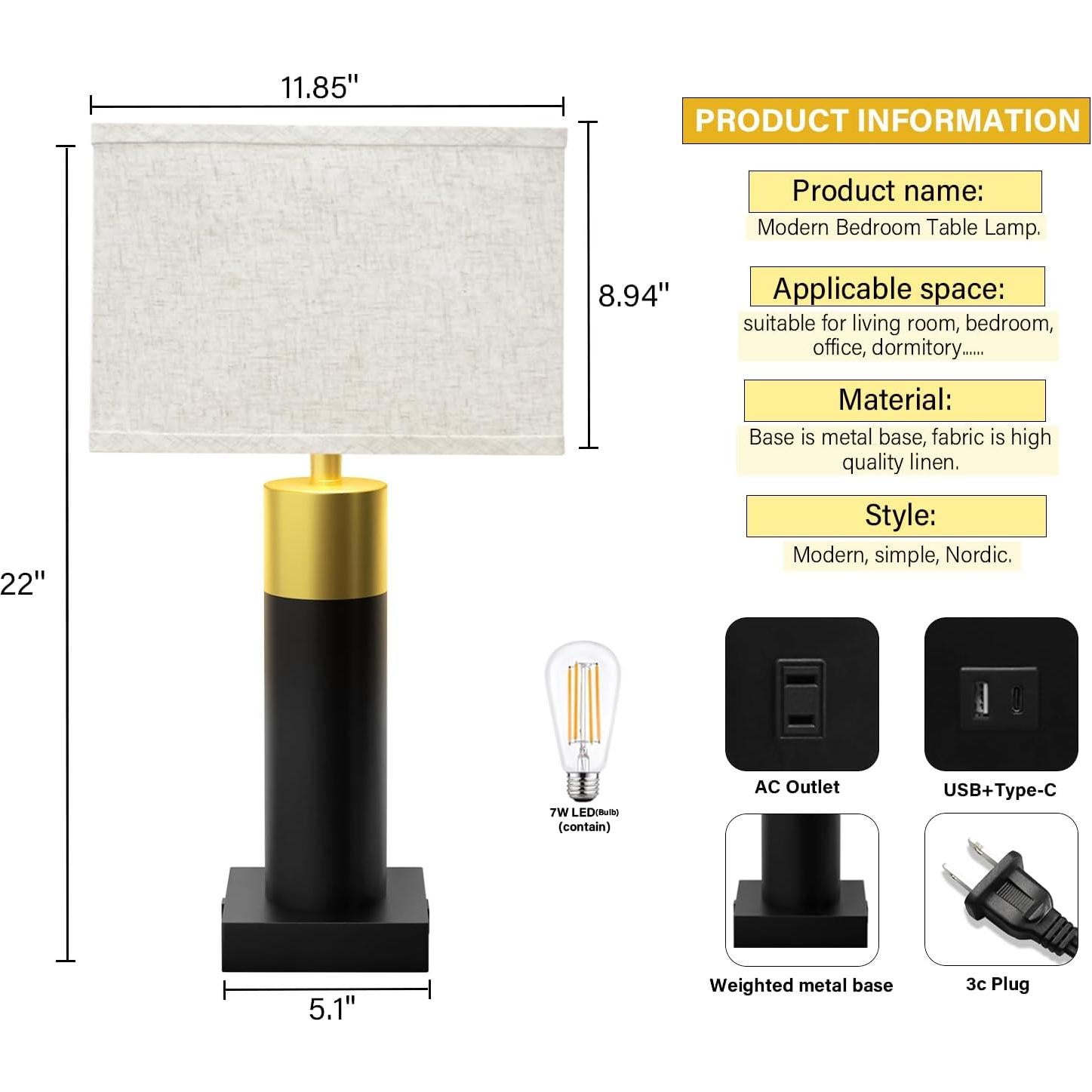 Lámpara de Mesa Táctil OYedis 55.88 cm 3 Niveles USB