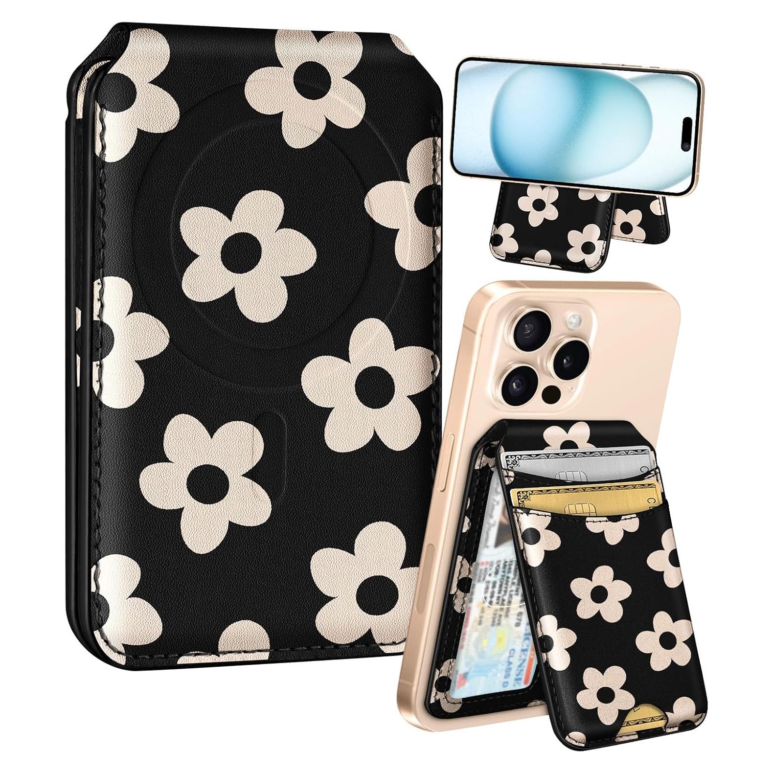 Cartera Magnética Shorogyt para iPhone 16/15/14/13/12 - Flor Negra, 4 Tarjetas, Bloqueo RFID