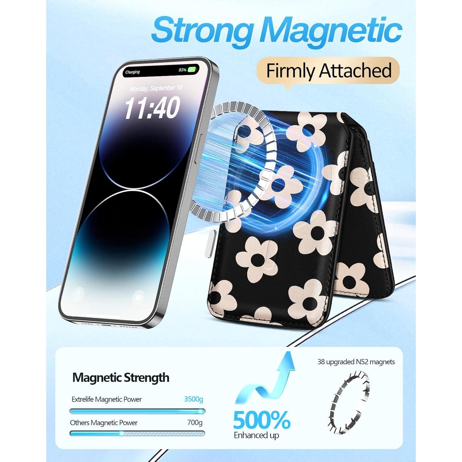 Cartera Magnética Shorogyt para iPhone 16/15/14/13/12 - Flor Negra, 4 Tarjetas, Bloqueo RFID