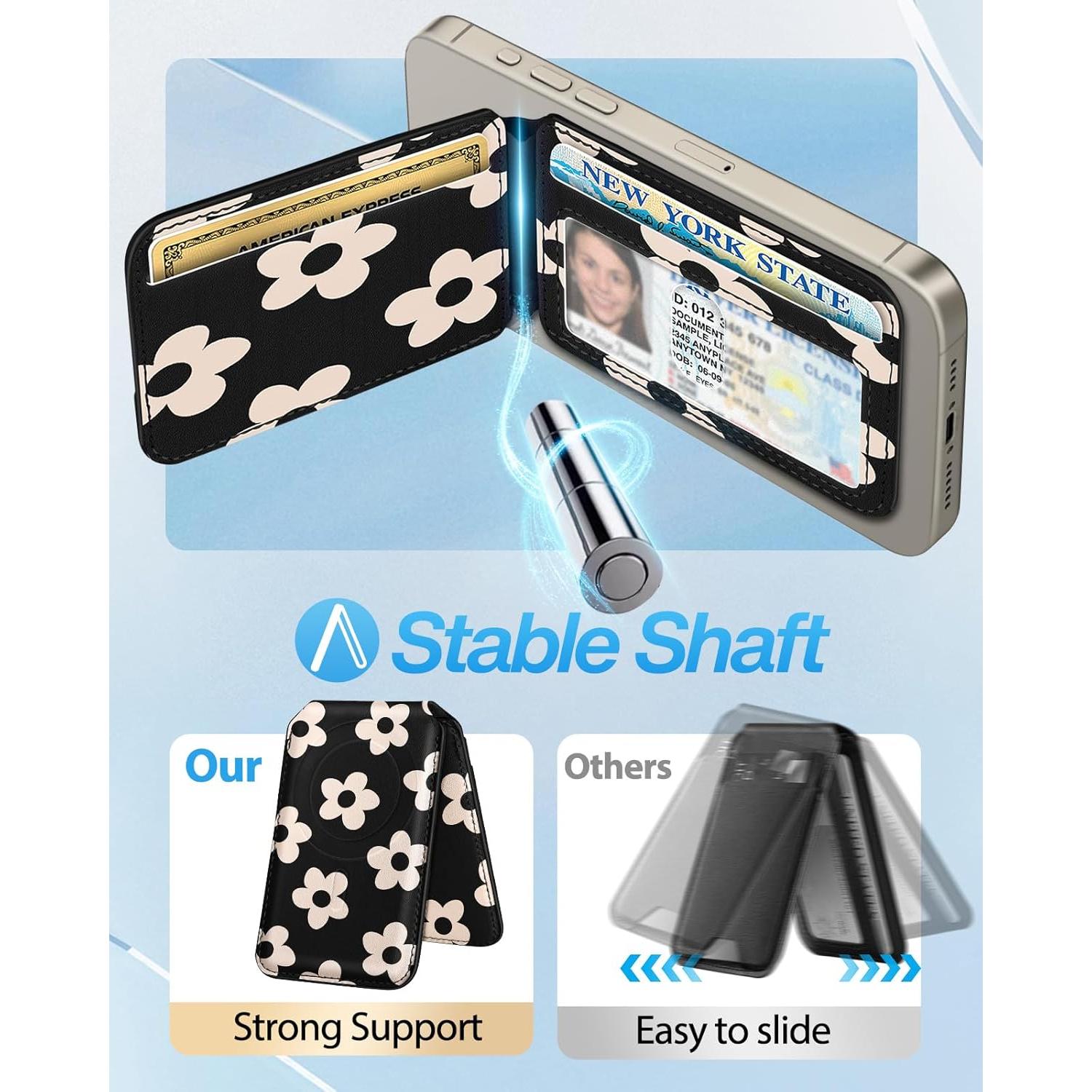 Cartera Magnética Shorogyt para iPhone 16/15/14/13/12 - Flor Negra, 4 Tarjetas, Bloqueo RFID