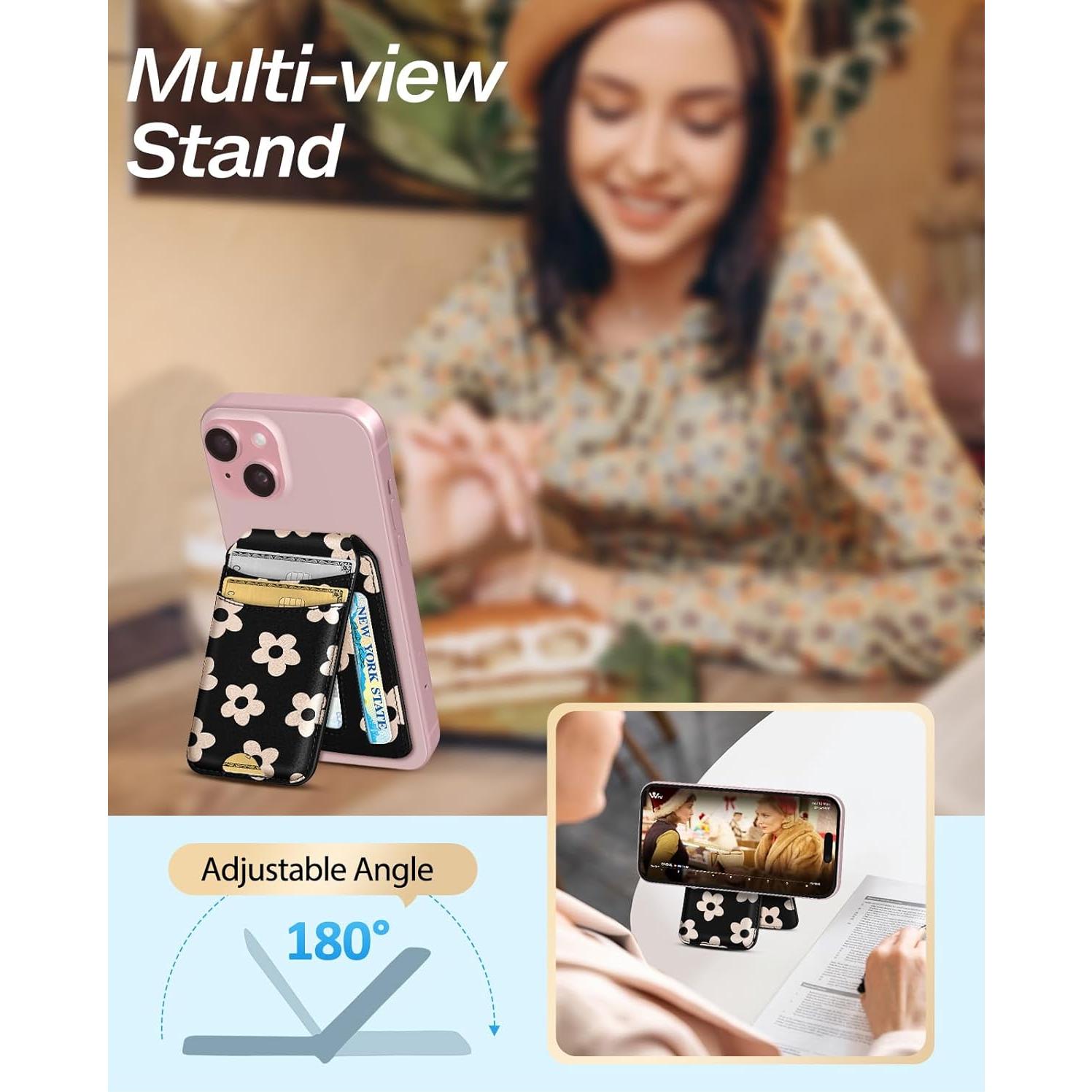 Cartera Magnética Shorogyt para iPhone 16/15/14/13/12 - Flor Negra, 4 Tarjetas, Bloqueo RFID