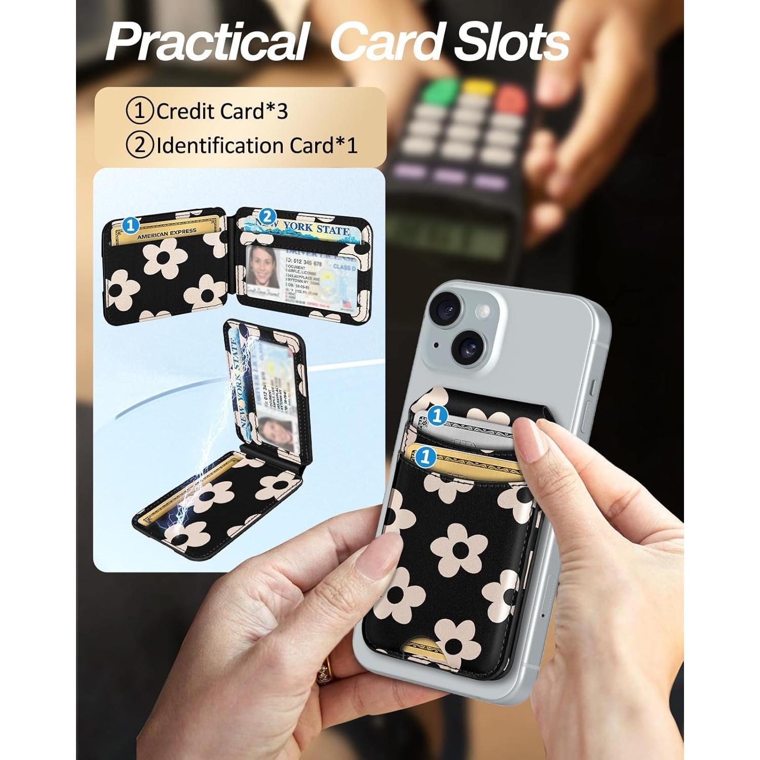 Cartera Magnética Shorogyt para iPhone 16/15/14/13/12 - Flor Negra, 4 Tarjetas, Bloqueo RFID