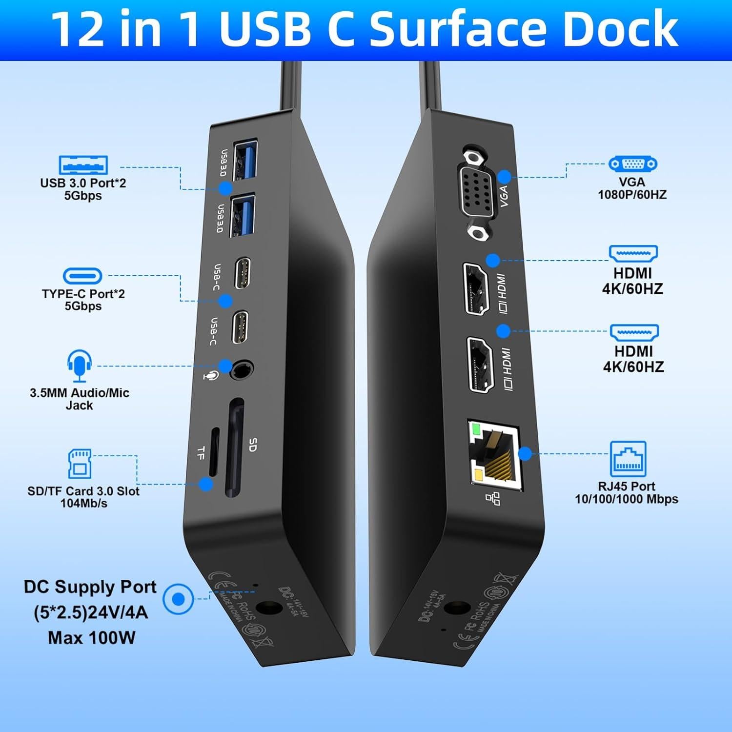 Dock Thunderbolt 4 Microsoft Surface 12 en 1 HDMI VGA 4K
