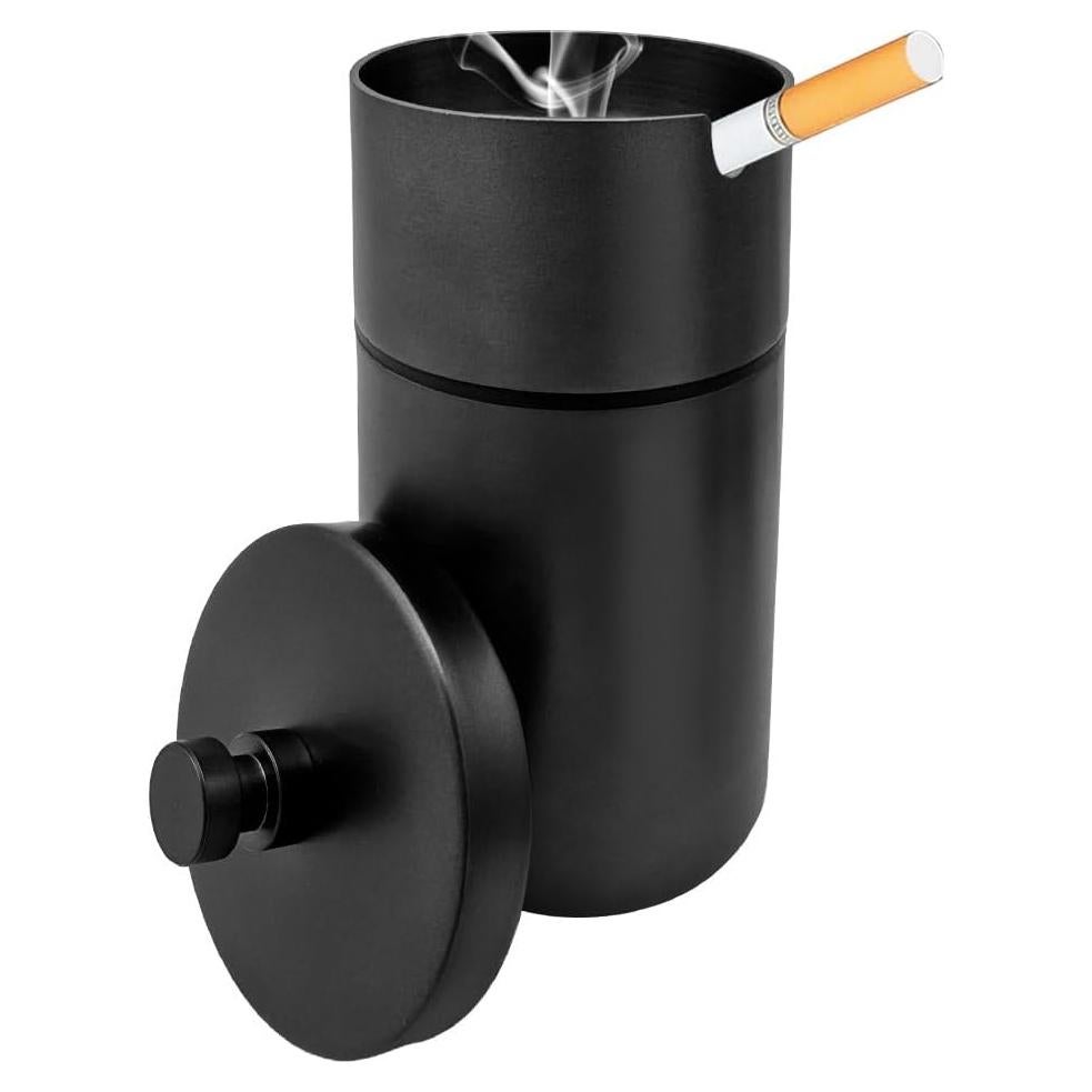 Cenicero de coche Ohleats con tapa de acero inoxidable negro